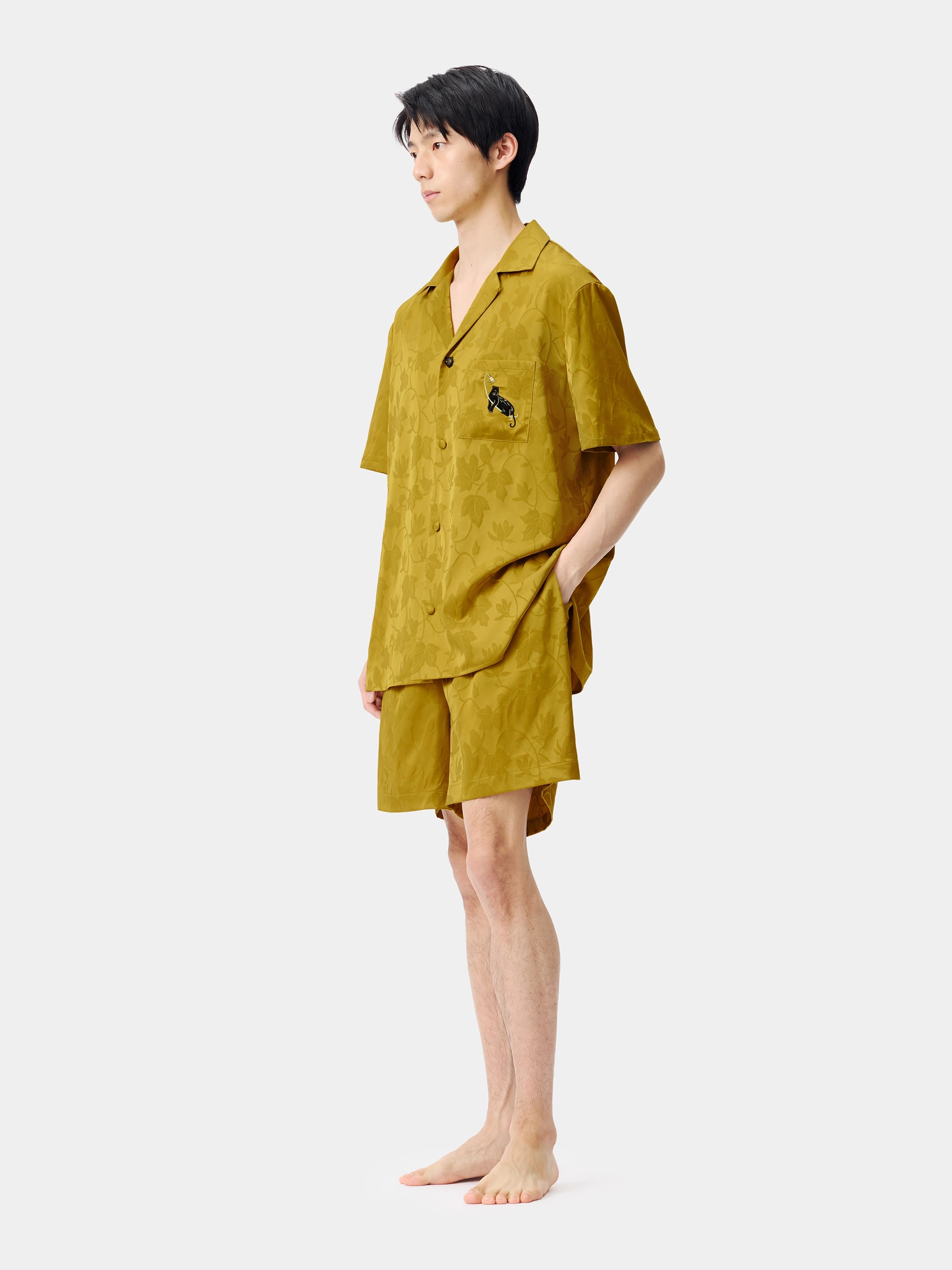 "Urban Jungle" Black Panther Satin Jacquard Loungewear Set Short Sleeve & Shorts – Dark Gold