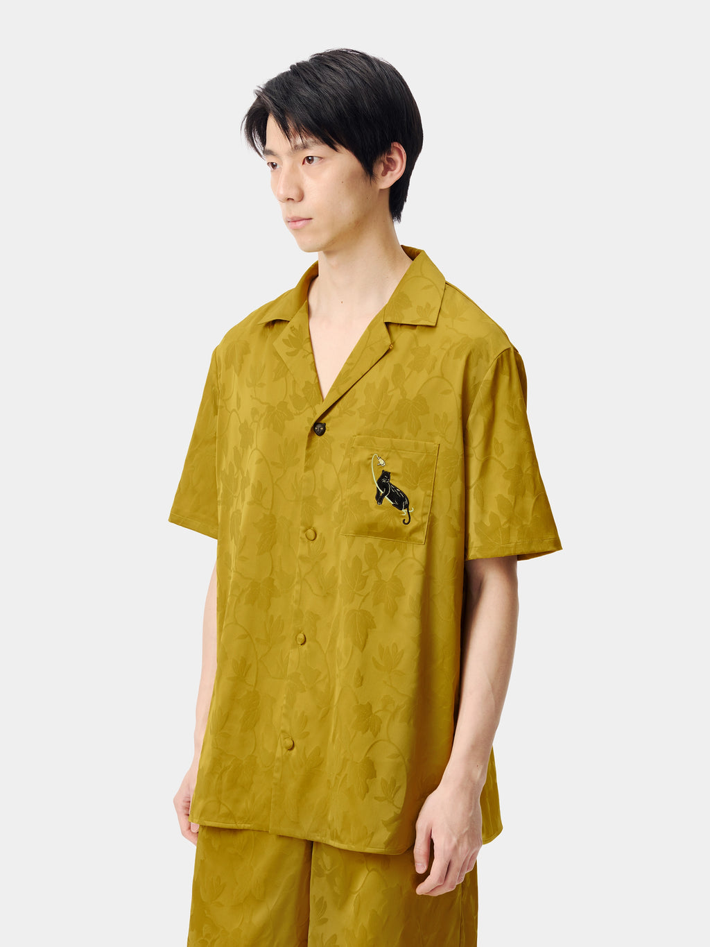 "Urban Jungle" Black Panther Satin Jacquard Loungewear Set Short Sleeve & Shorts – Dark Gold