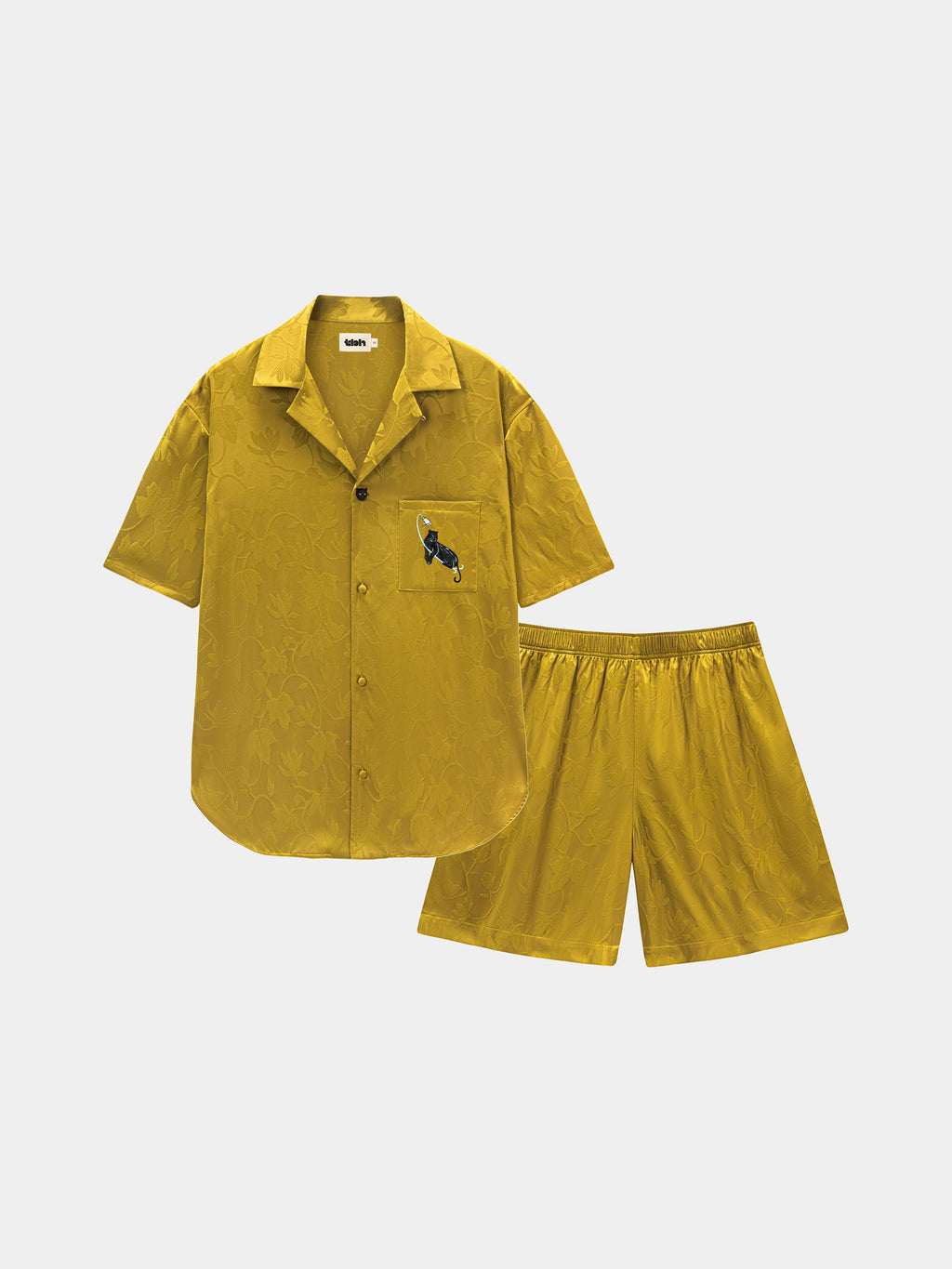 "Urban Jungle" Black Panther Satin Jacquard Loungewear Set Short Sleeve & Shorts – Dark Gold