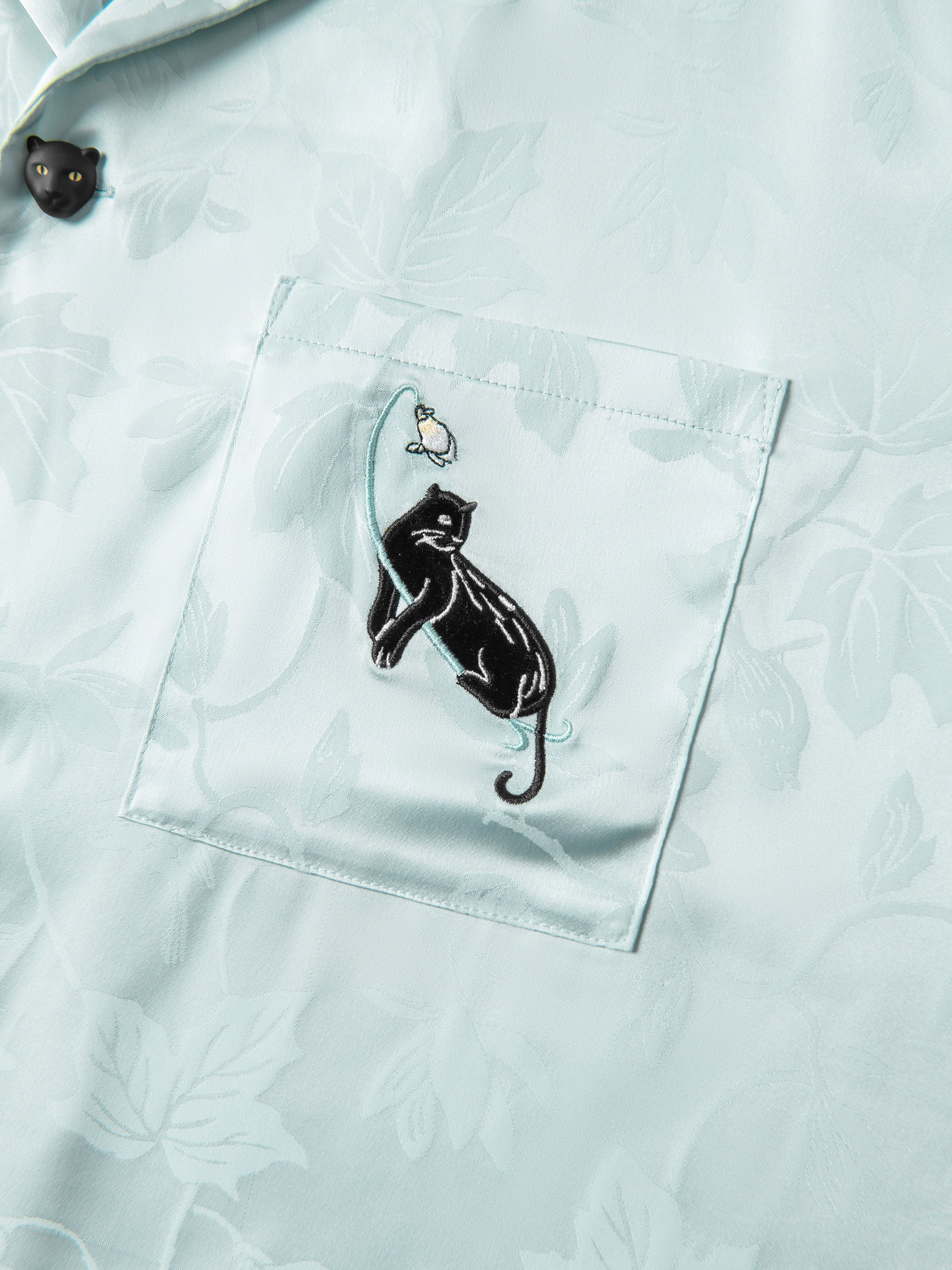 "Urban Jungle" Black Panther Satin Jacquard Loungewear Set Short Sleeve & Shorts – Mist Blue