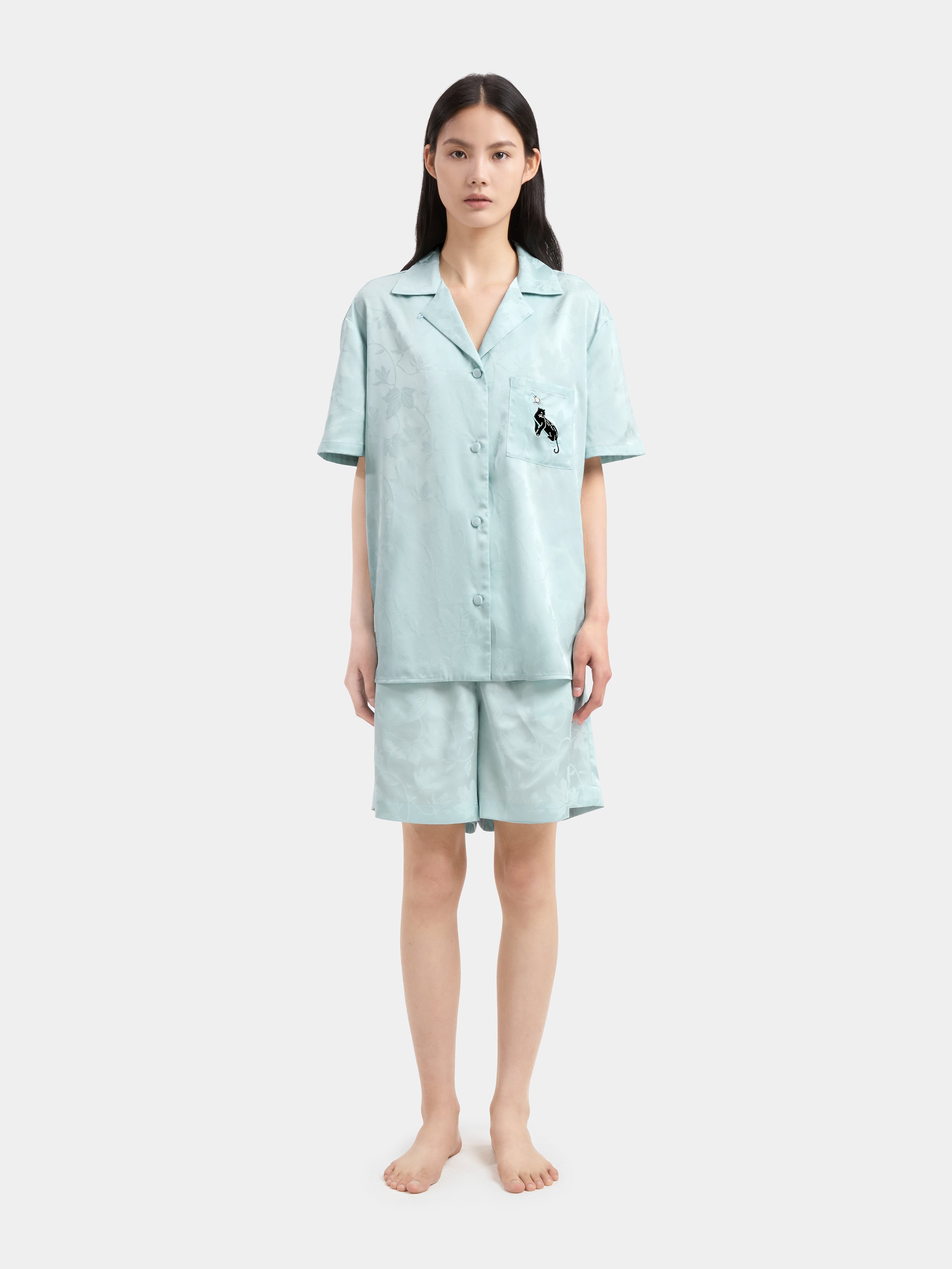 "Urban Jungle" Black Panther Satin Jacquard Loungewear Set Short Sleeve & Shorts – Mist Blue