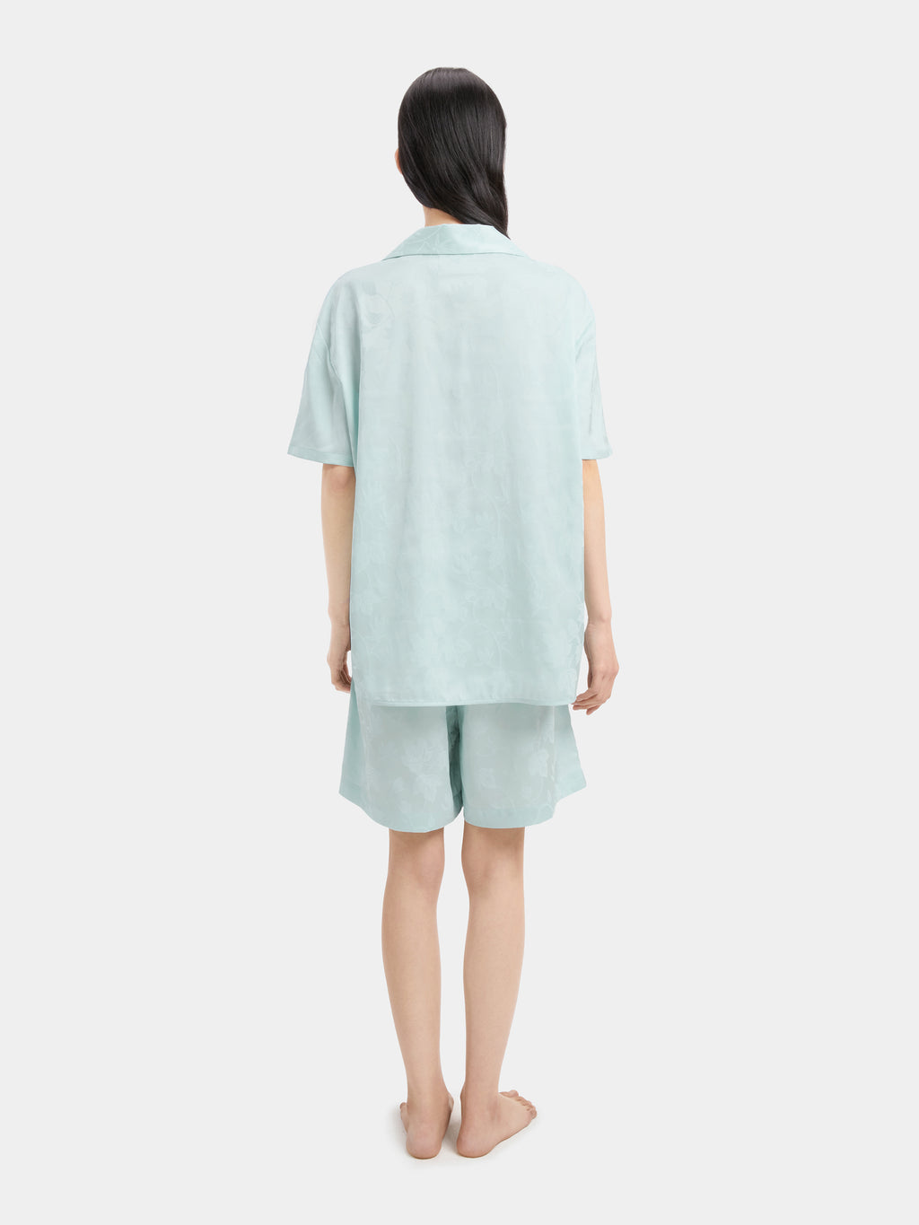 "Urban Jungle" Black Panther Satin Jacquard Loungewear Set Short Sleeve & Shorts – Mist Blue