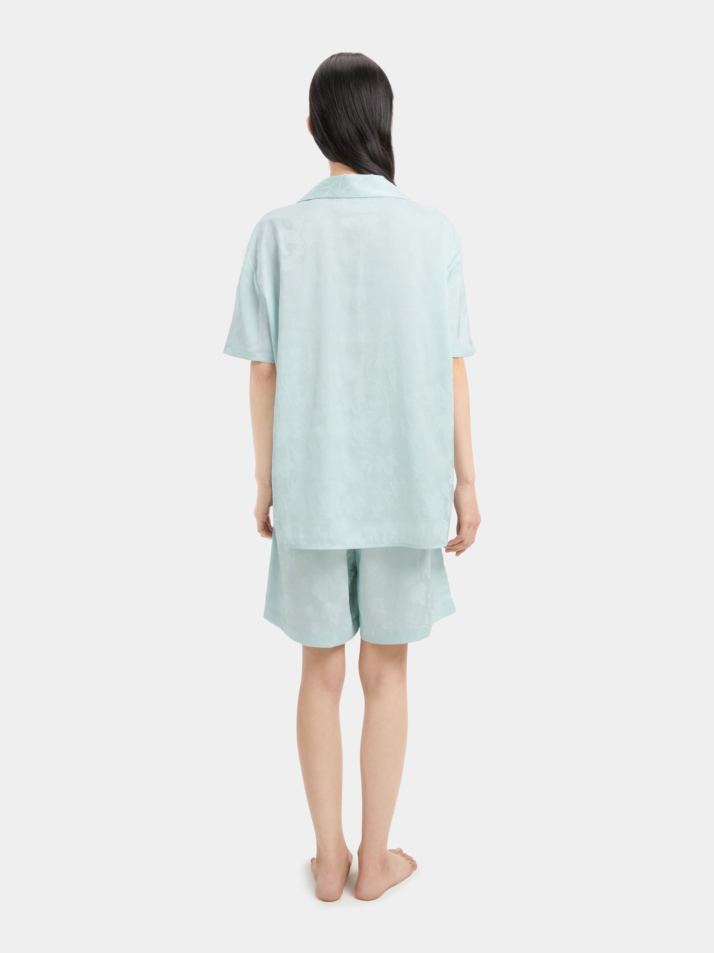 "Urban Jungle" Black Panther Satin Jacquard Loungewear Set Short Sleeve & Shorts – Mist Blue