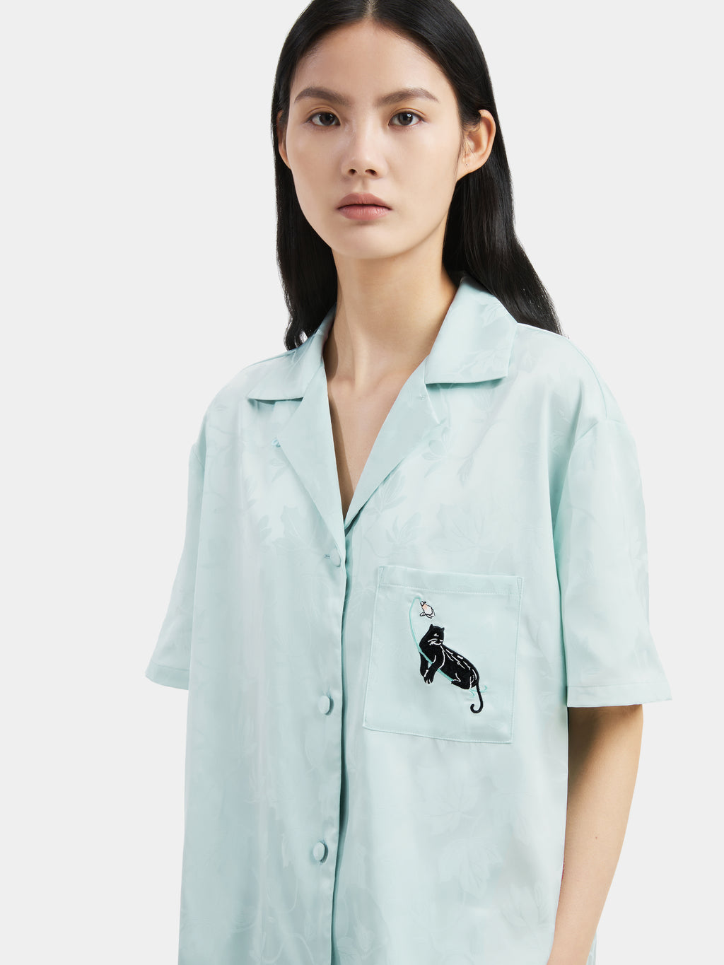 "Urban Jungle" Black Panther Satin Jacquard Loungewear Set Short Sleeve & Shorts – Mist Blue