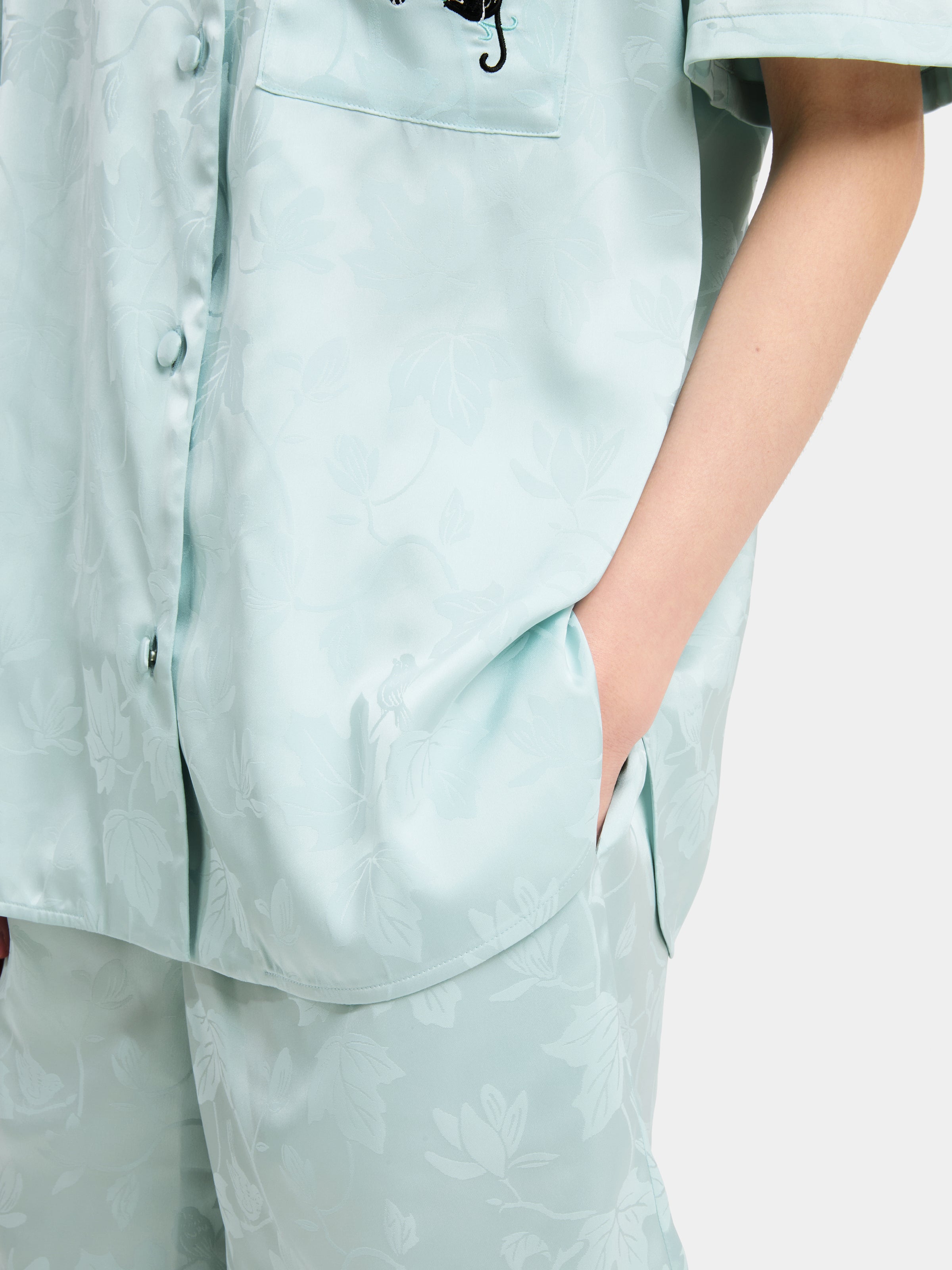 "Urban Jungle" Black Panther Satin Jacquard Loungewear Set Short Sleeve & Shorts – Mist Blue