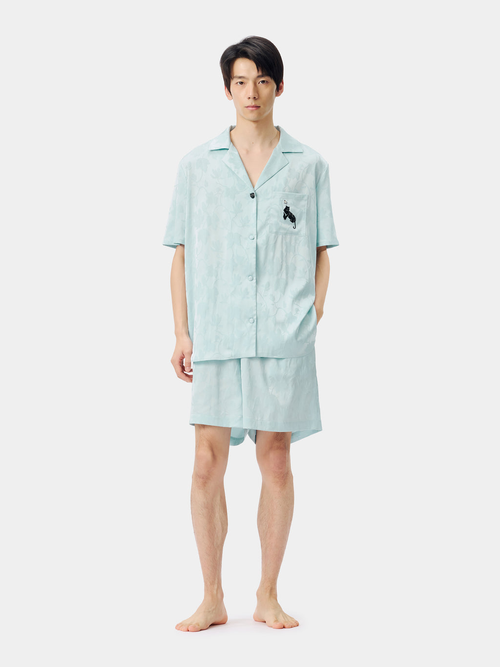 "Urban Jungle" Black Panther Satin Jacquard Loungewear Set Short Sleeve & Shorts – Mist Blue