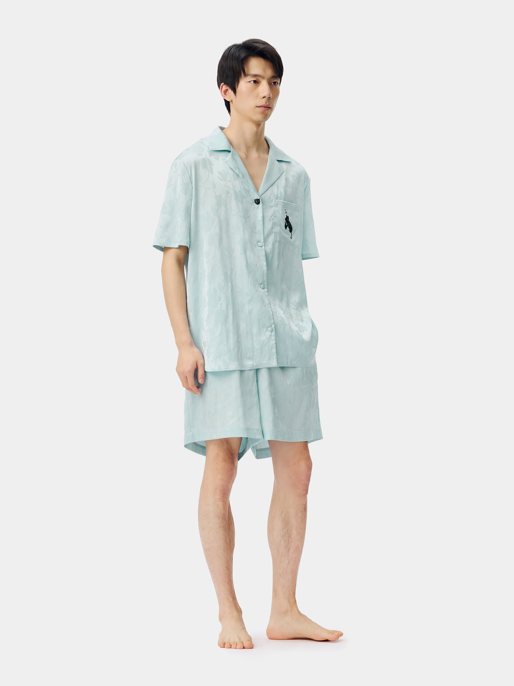 "Urban Jungle" Black Panther Satin Jacquard Loungewear Set Short Sleeve & Shorts – Mist Blue