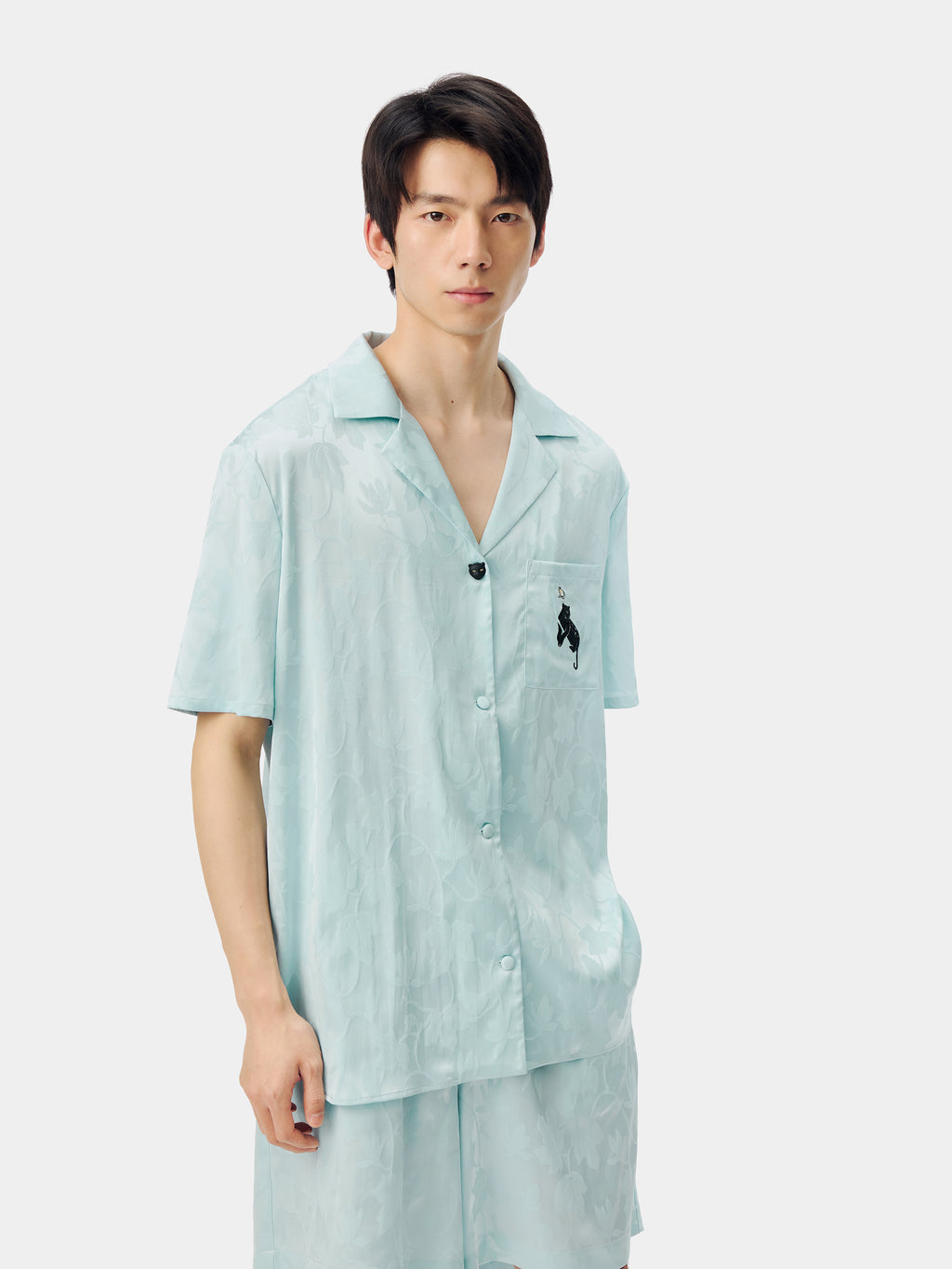 "Urban Jungle" Black Panther Satin Jacquard Loungewear Set Short Sleeve & Shorts – Mist Blue