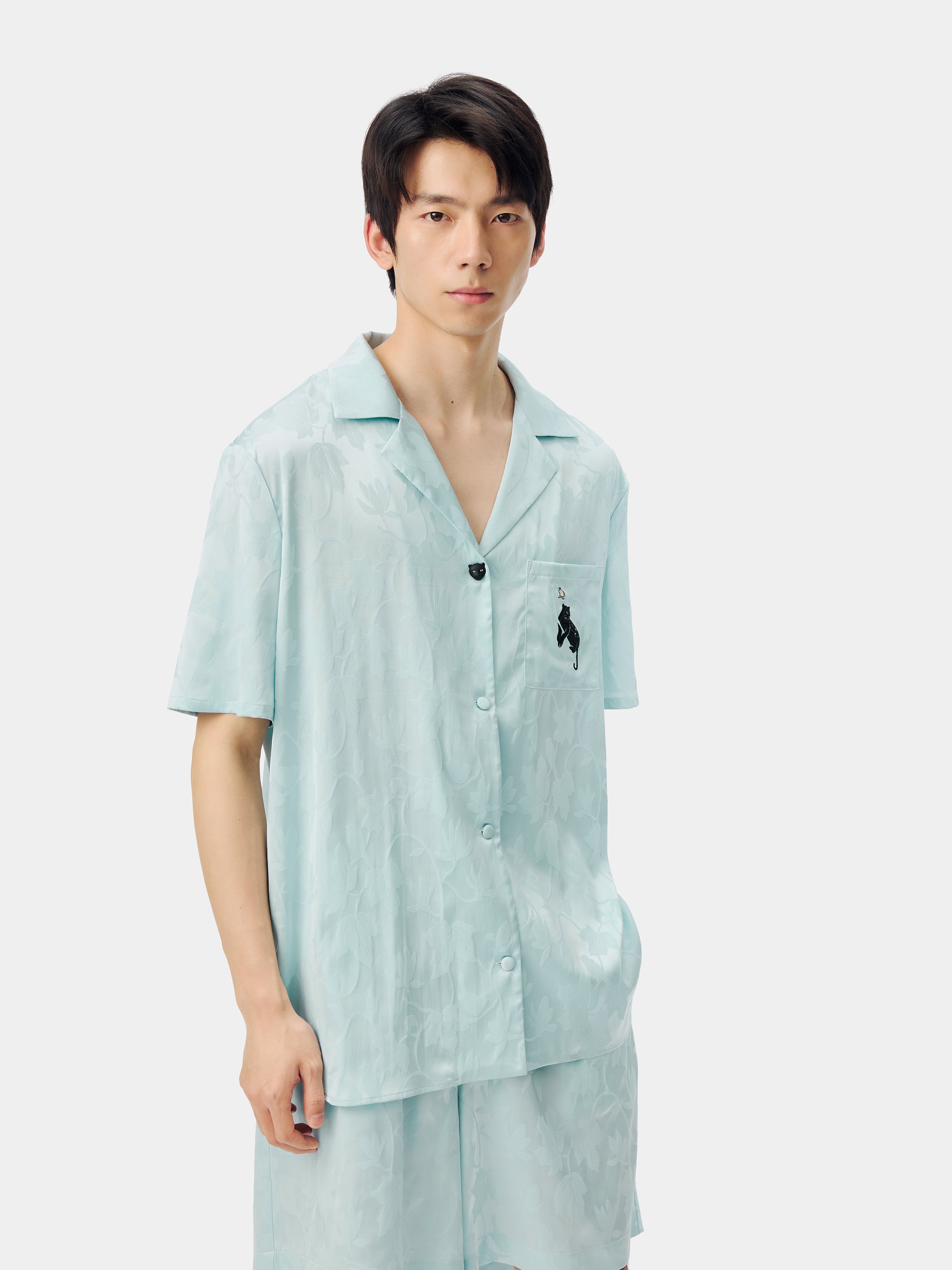 "Urban Jungle" Black Panther Satin Jacquard Loungewear Set Short Sleeve & Shorts – Mist Blue