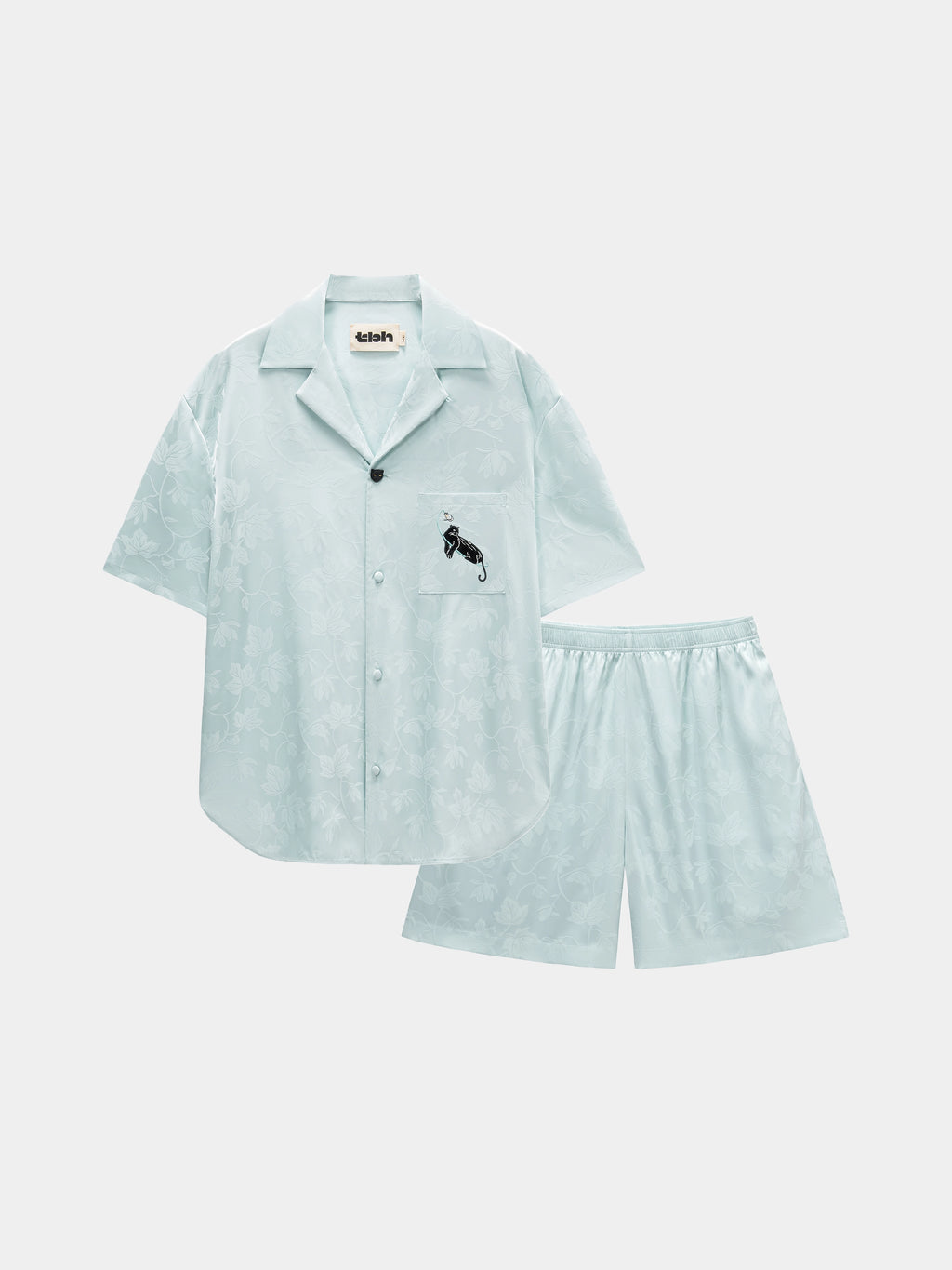 "Urban Jungle" Black Panther Satin Jacquard Loungewear Set Short Sleeve & Shorts – Mist Blue