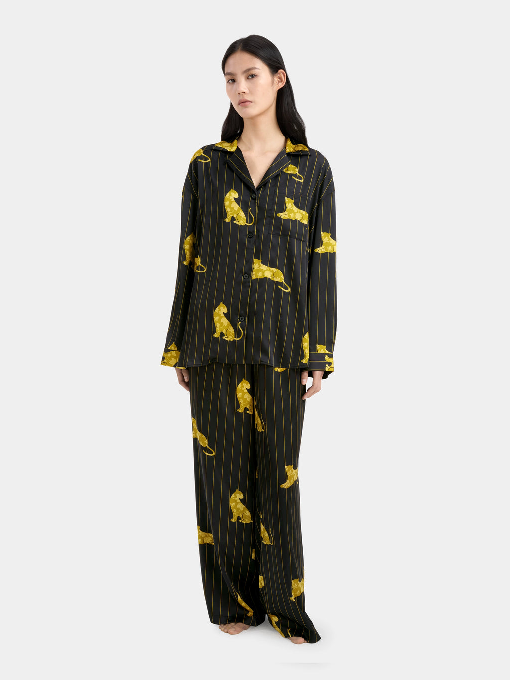 "Urban Jungle" Black Panther Satin Loungewear Set Long Sleeve – Dark Gold