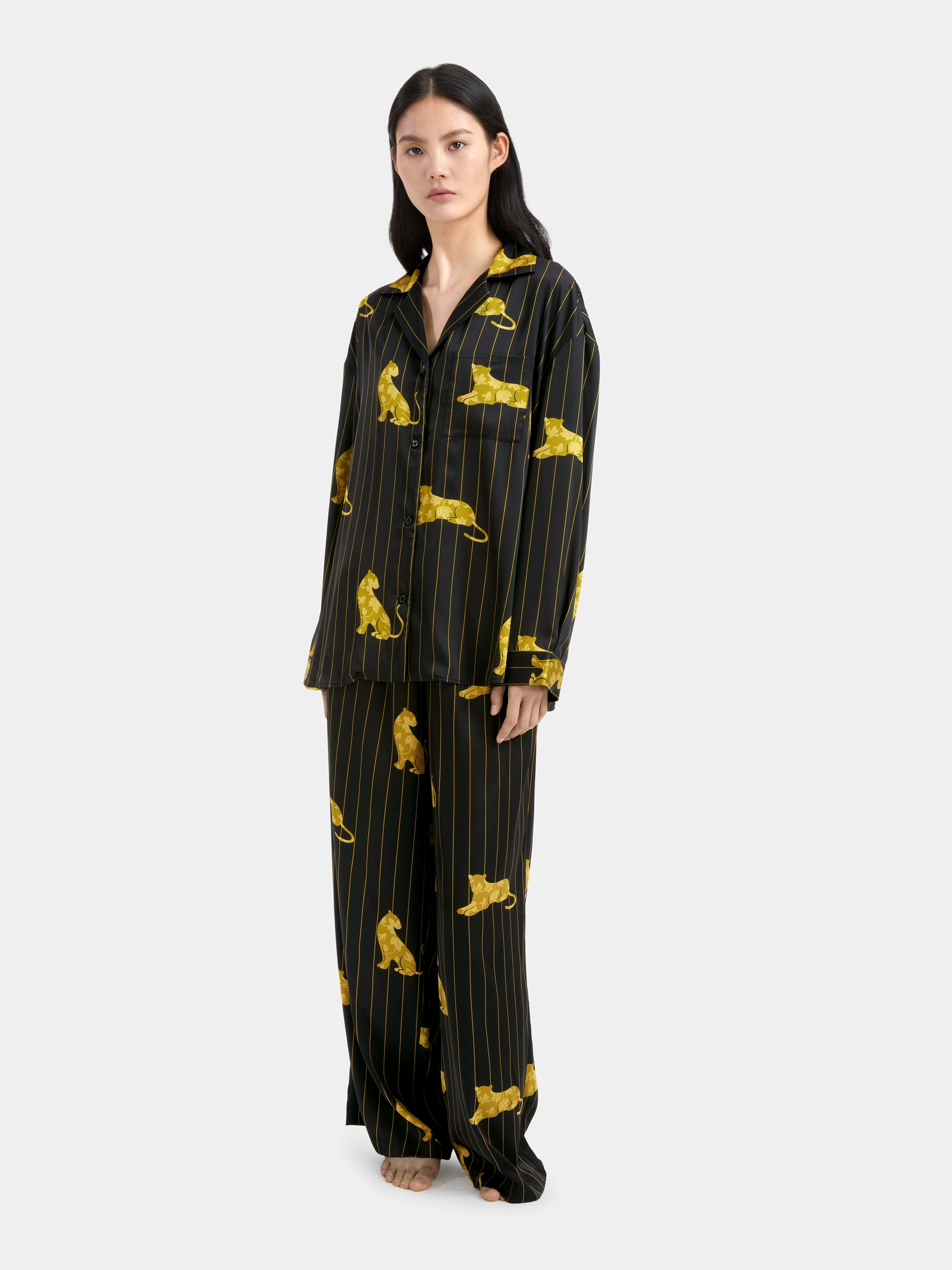 "Urban Jungle" Black Panther Satin Loungewear Set Long Sleeve – Dark Gold
