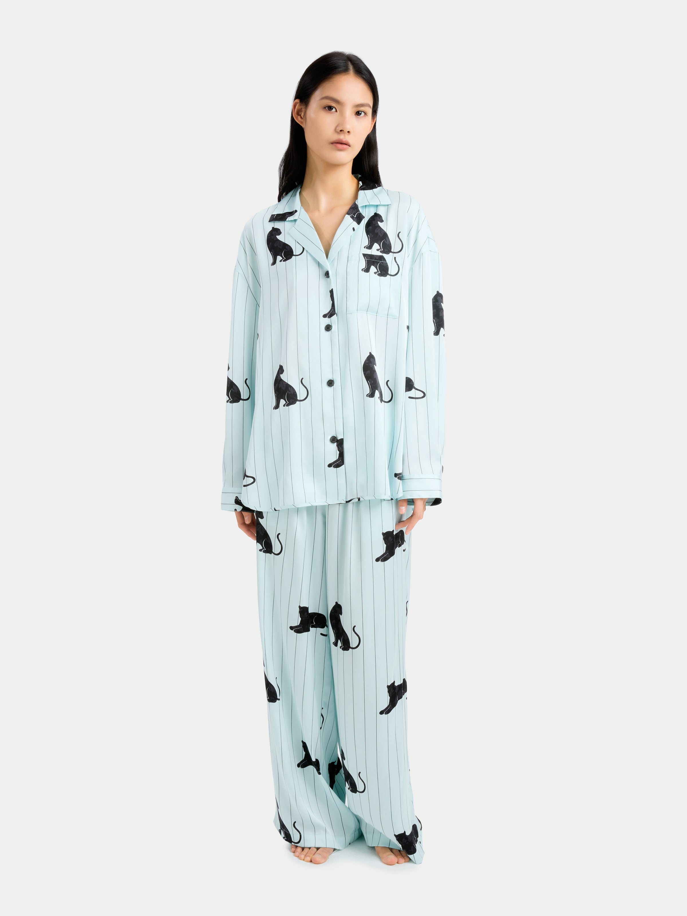 "Urban Jungle" Black Panther Satin Loungewear Set Long Sleeve – Mist Blue