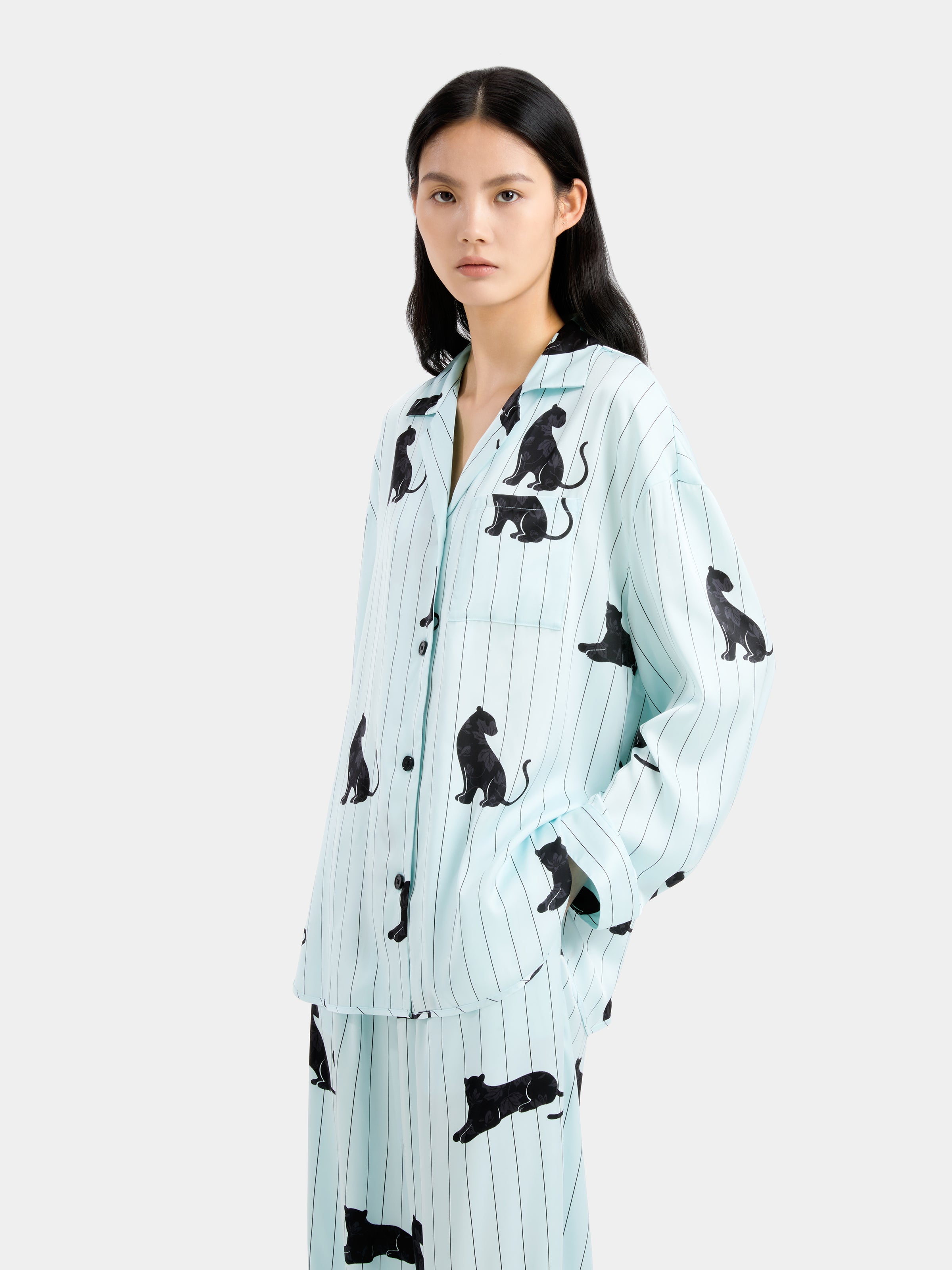 "Urban Jungle" Black Panther Satin Loungewear Set Long Sleeve – Mist Blue