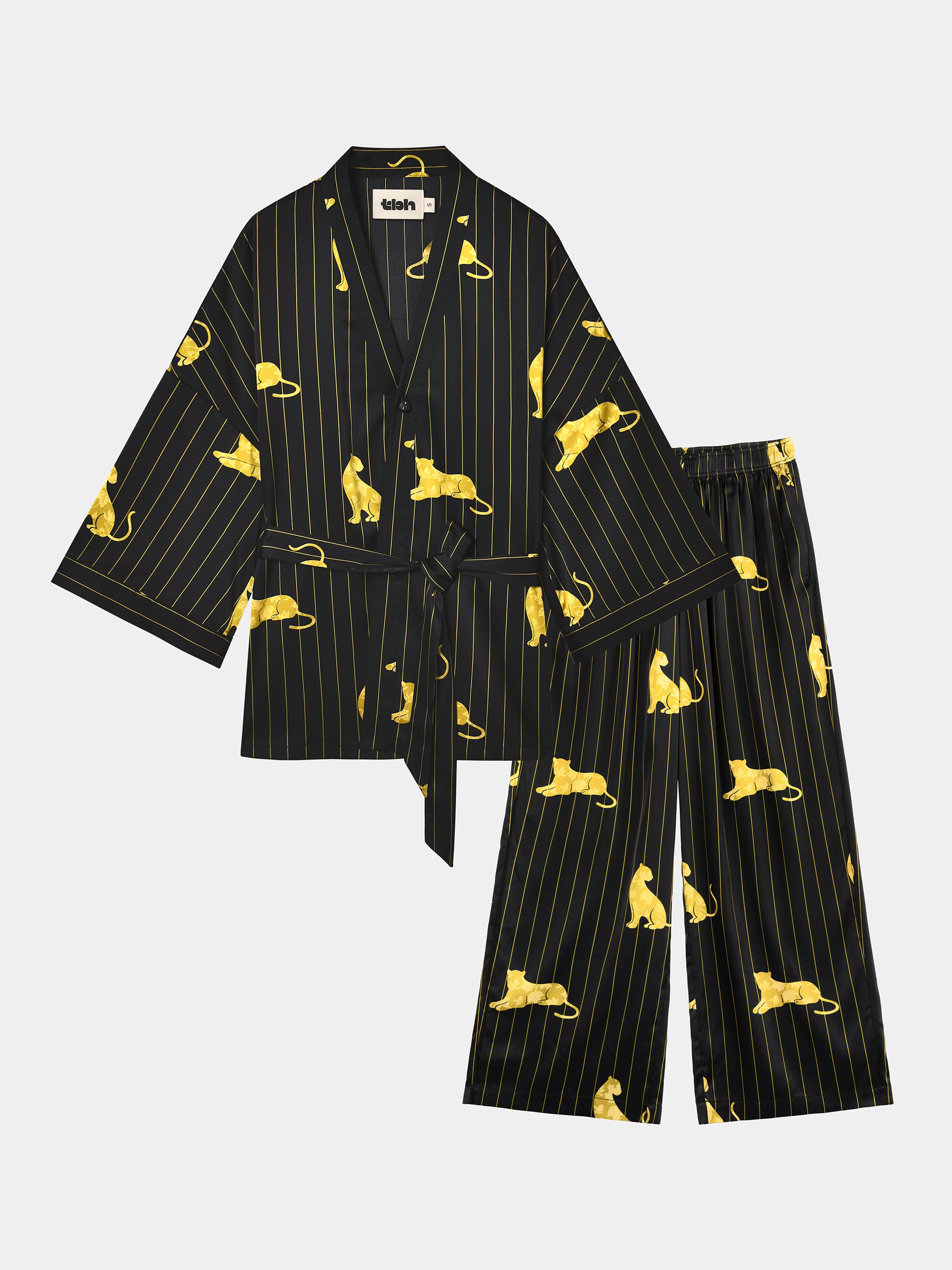 "Urban Jungle" Black Panther Satin Loungewear Set Robe & Pants – Dark Gold