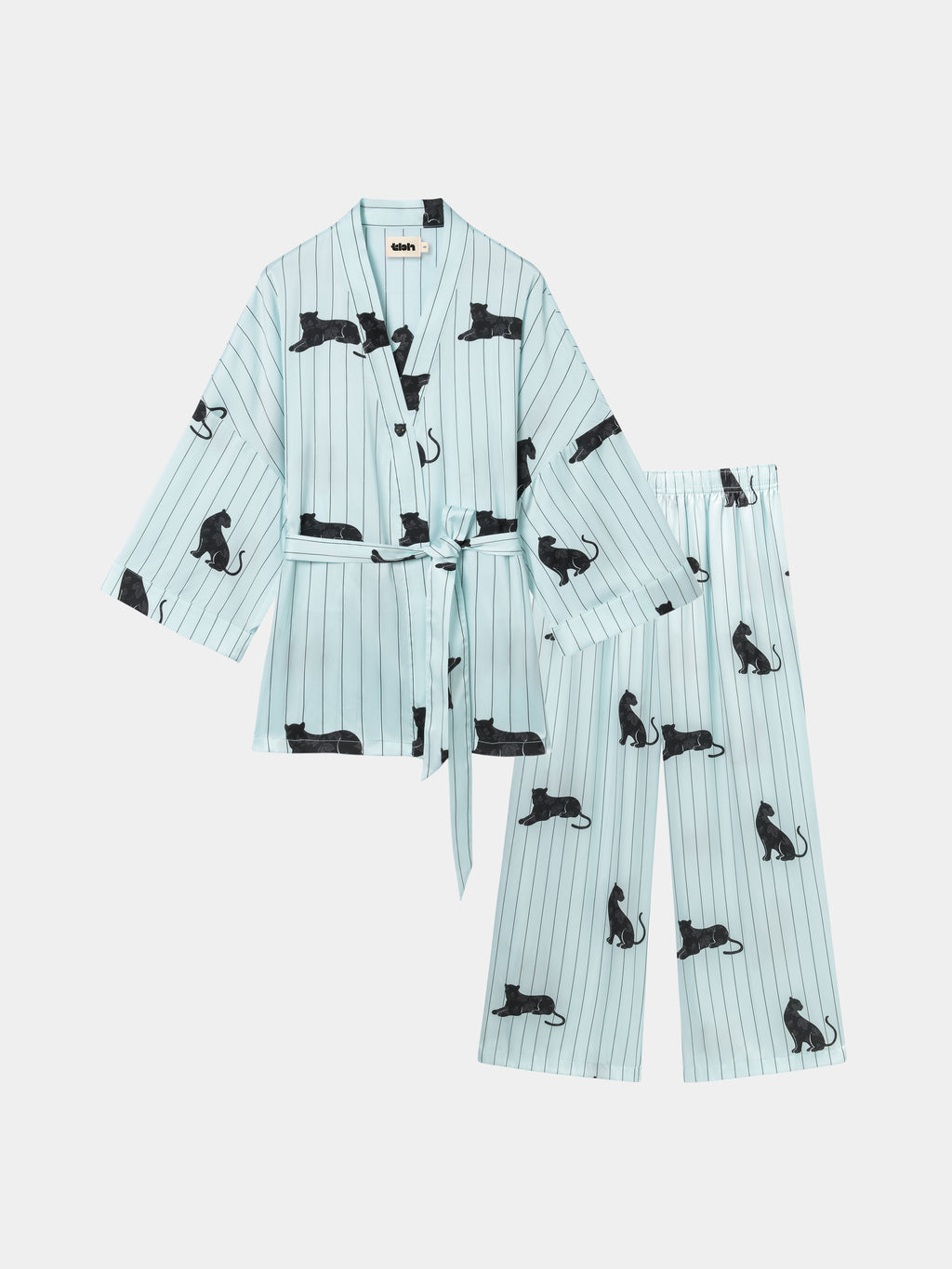 "Urban Jungle" Black Panther Satin Loungewear Set Robe & Pants – Mist Blue