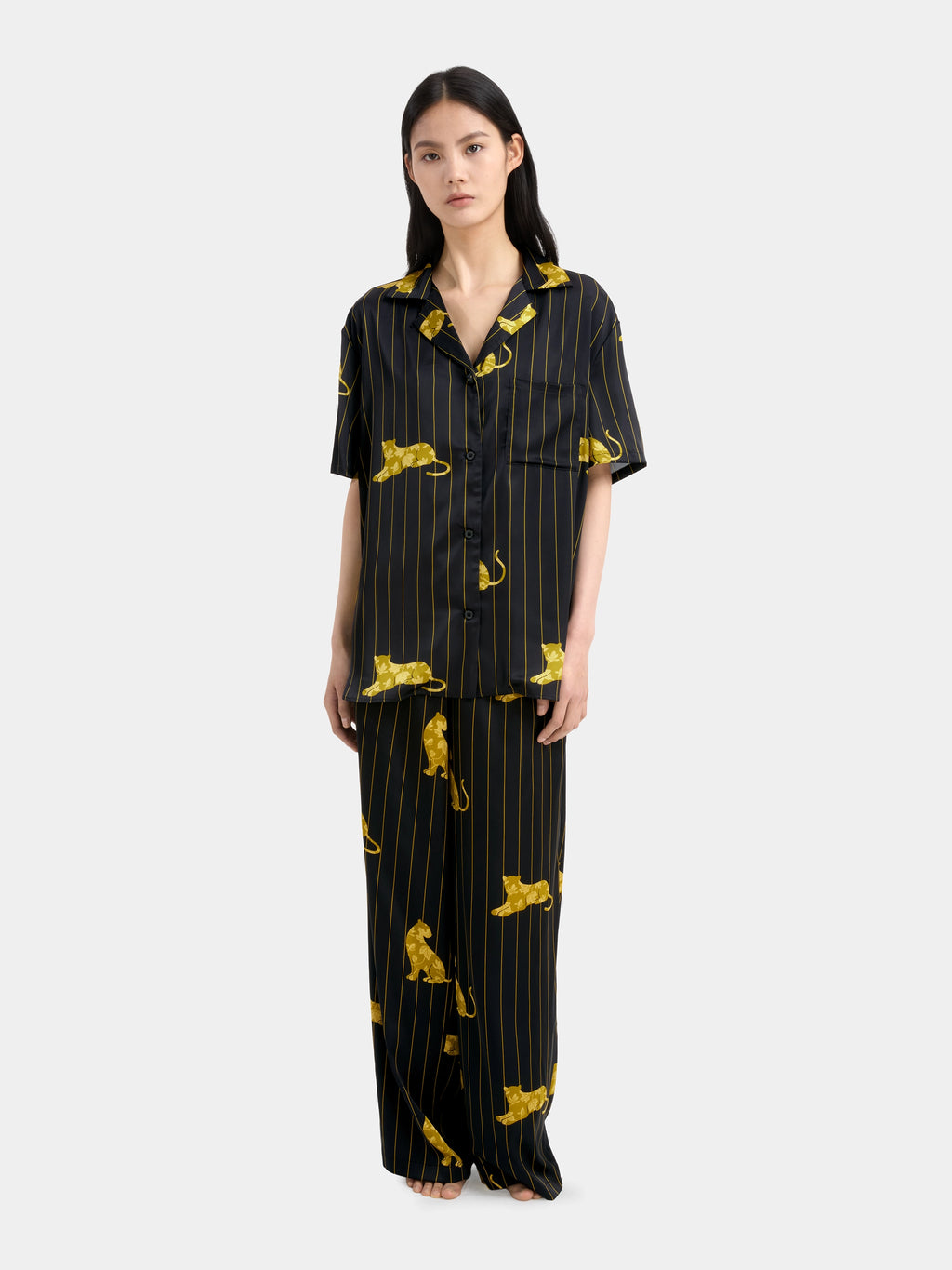 "Urban Jungle" Black Panther Satin Loungewear Set Short Sleeve – Dark Gold
