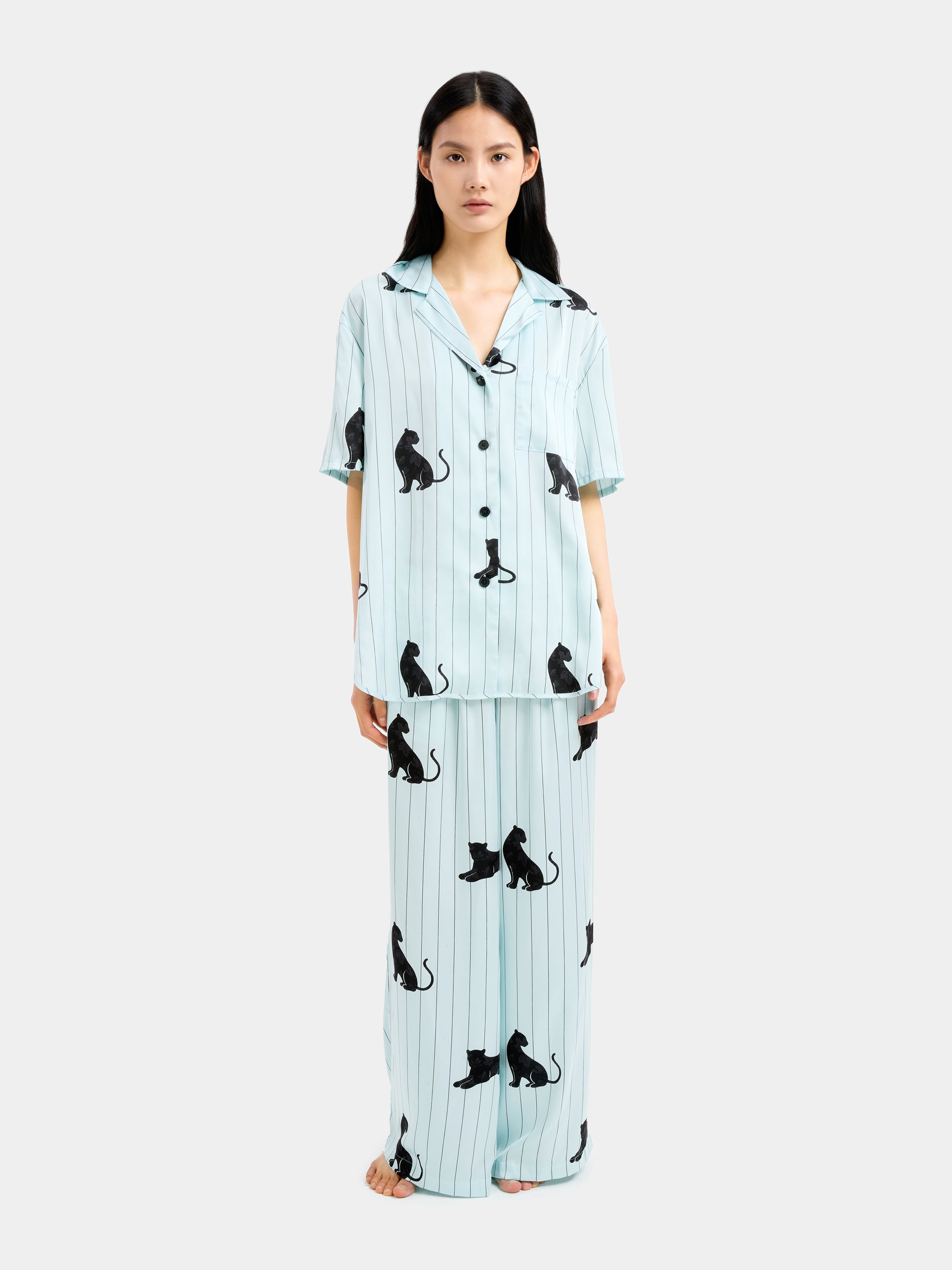 "Urban Jungle" Black Panther Satin Loungewear Set Short Sleeve – Mist Blue