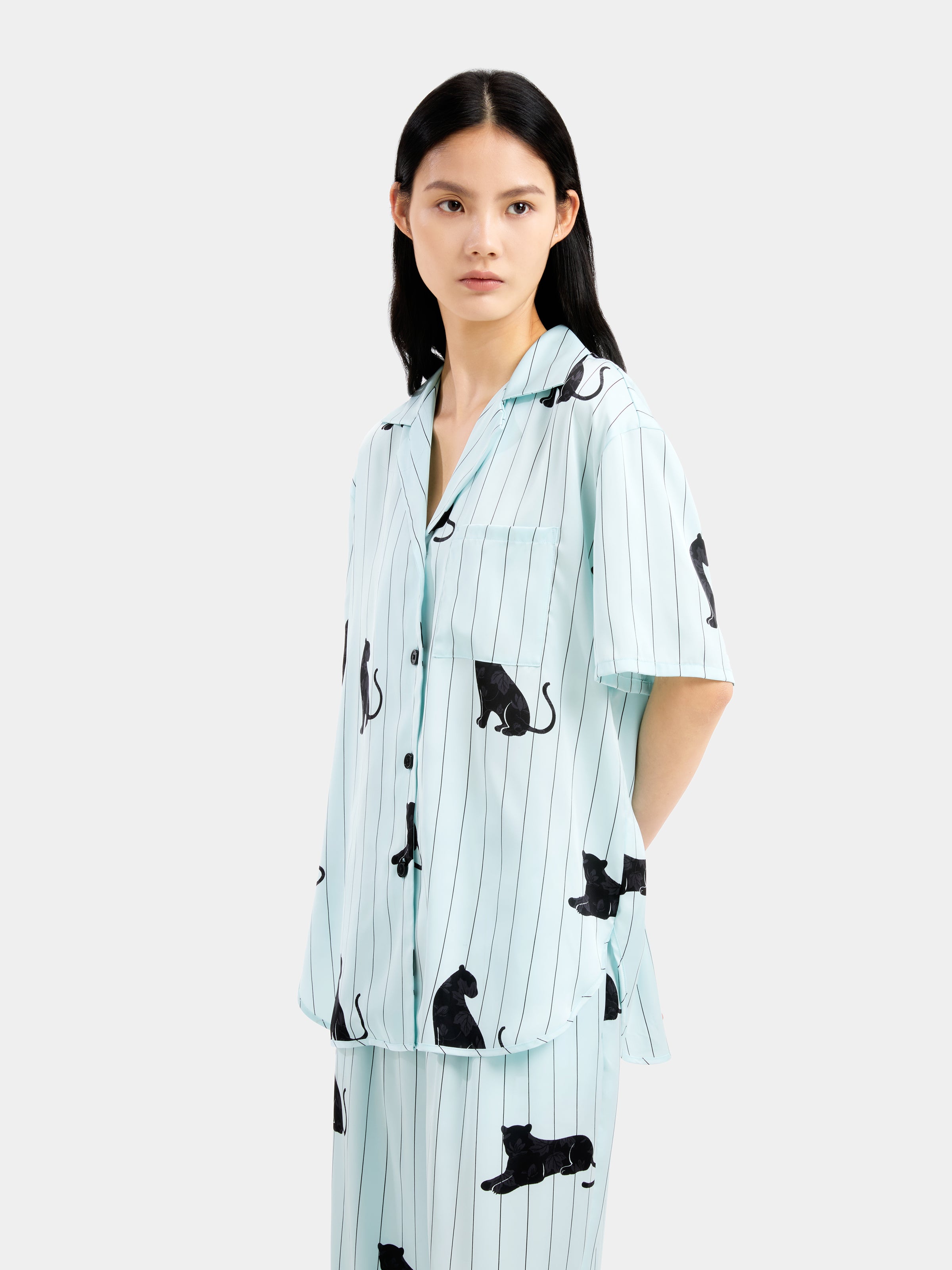 "Urban Jungle" Black Panther Satin Loungewear Set Short Sleeve – Mist Blue