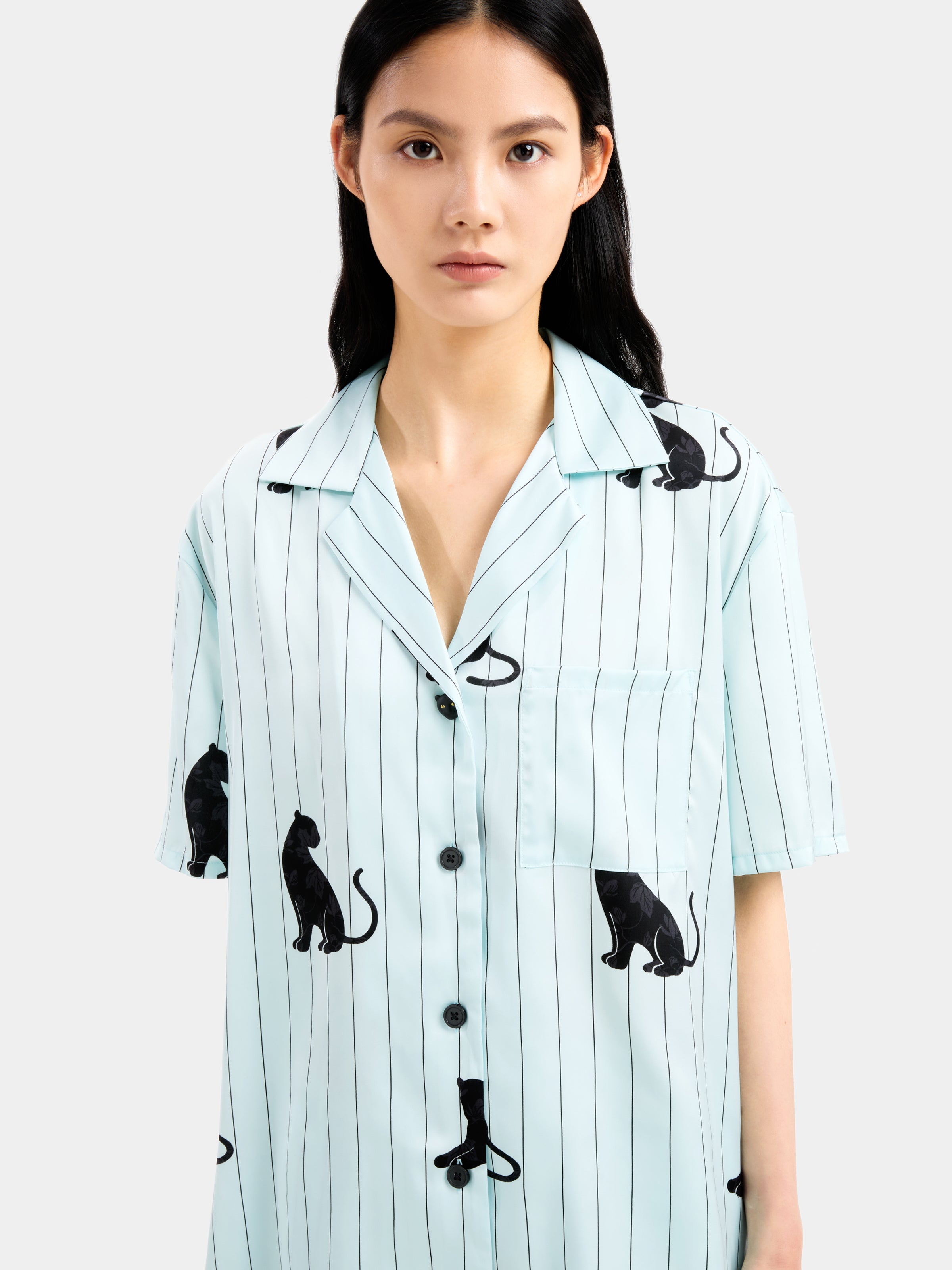 "Urban Jungle" Black Panther Satin Loungewear Set Short Sleeve – Mist Blue