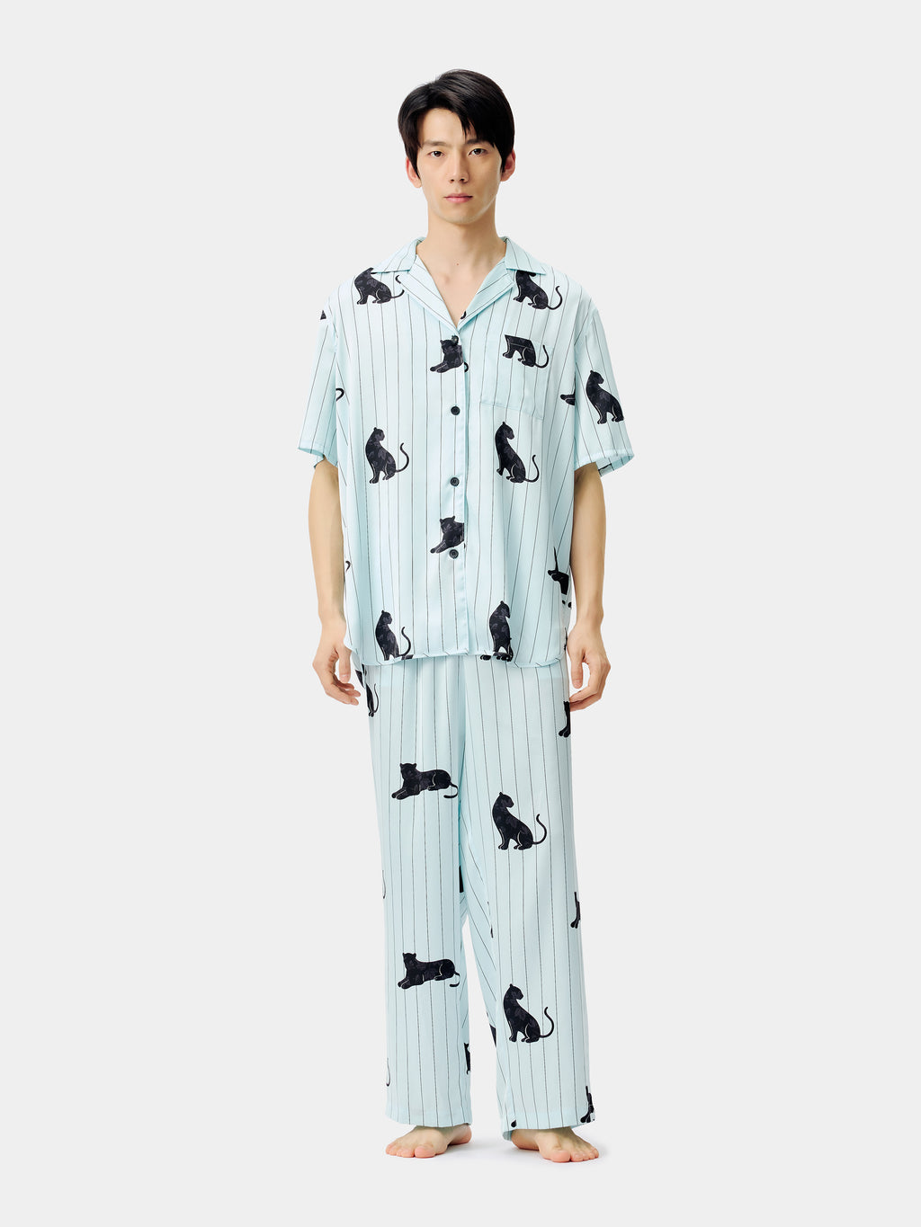 "Urban Jungle" Black Panther Satin Loungewear Set Short Sleeve – Mist Blue
