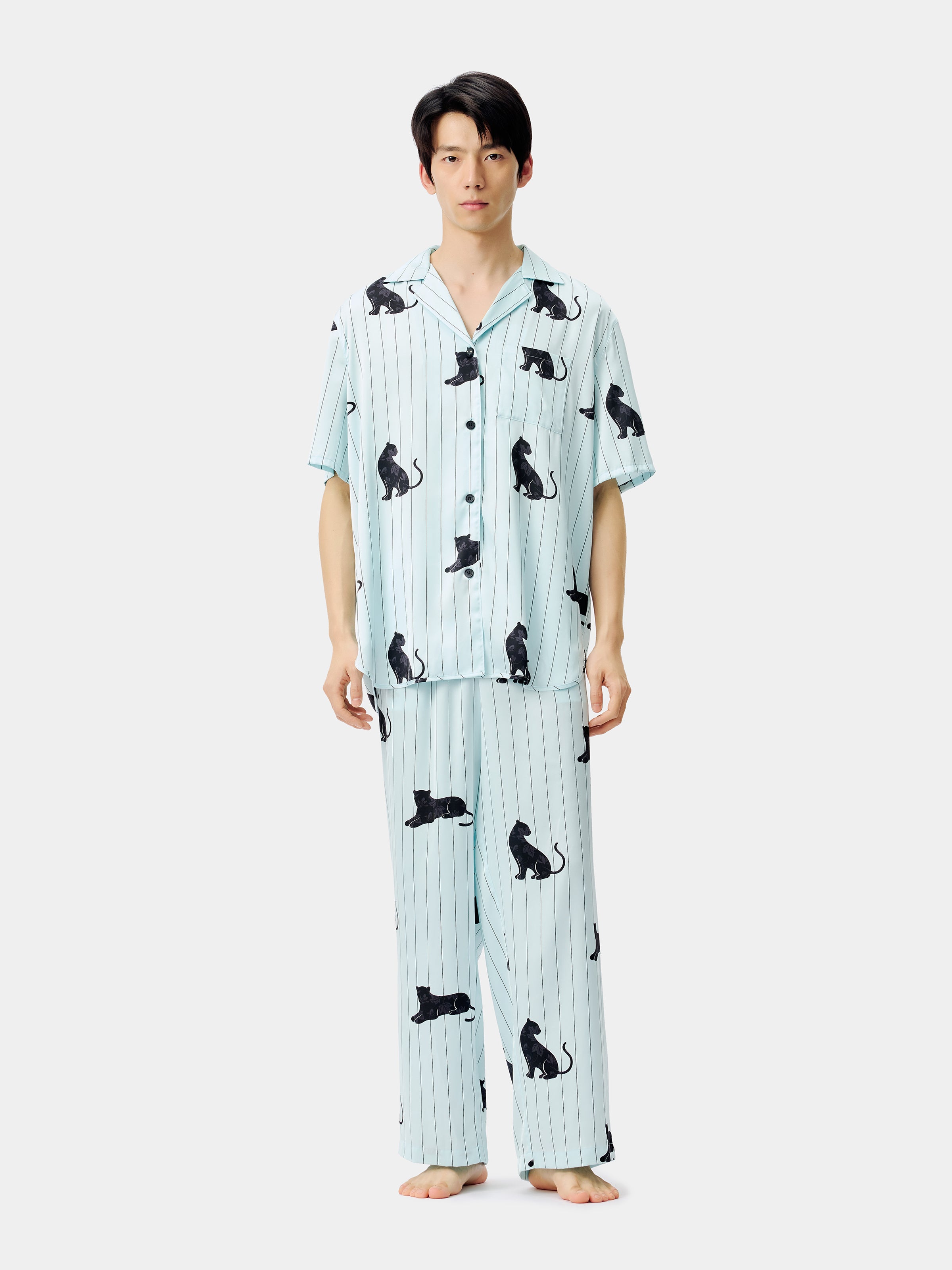 "Urban Jungle" Black Panther Satin Loungewear Set Short Sleeve – Mist Blue