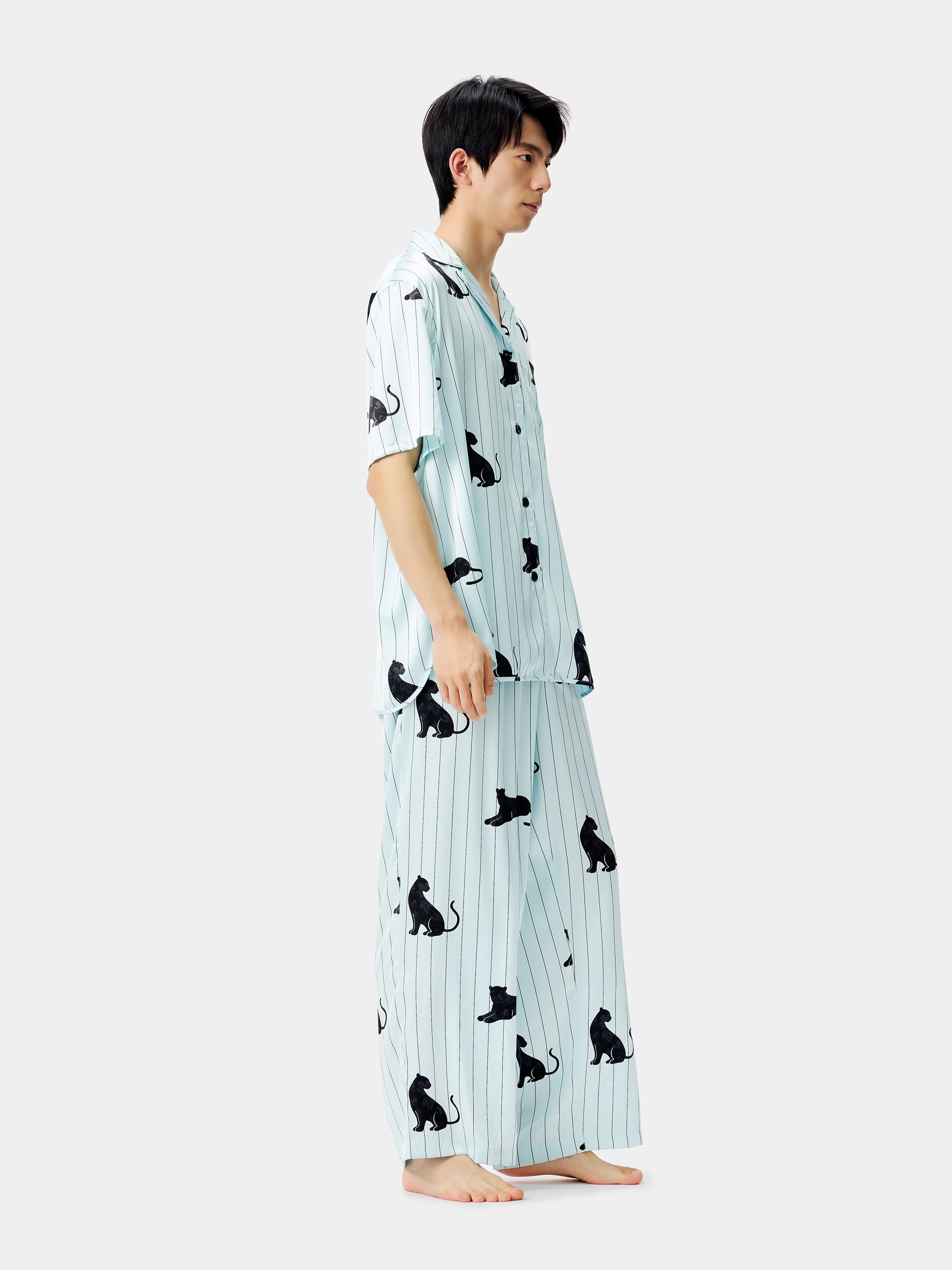 "Urban Jungle" Black Panther Satin Loungewear Set Short Sleeve – Mist Blue