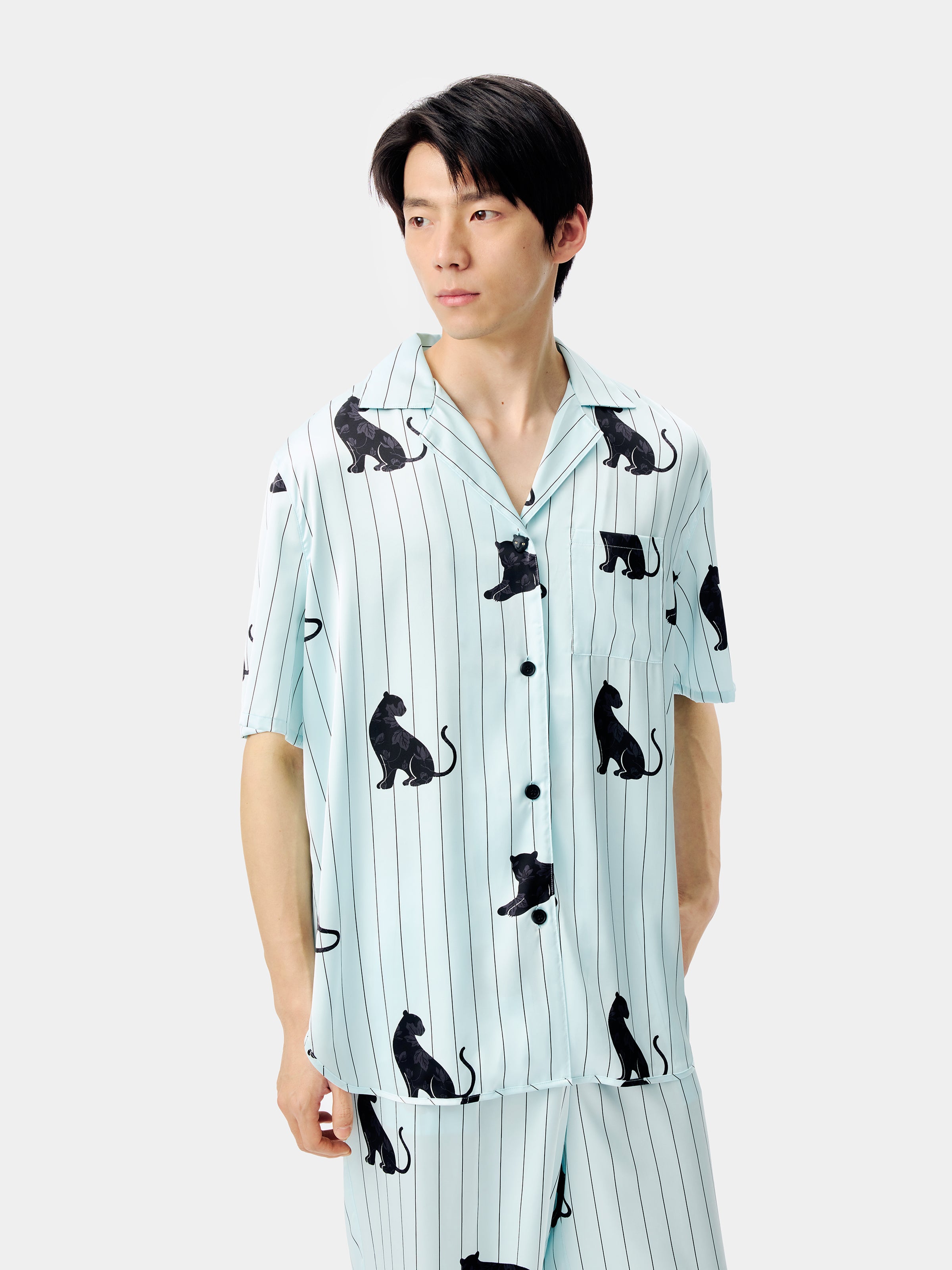 "Urban Jungle" Black Panther Satin Loungewear Set Short Sleeve – Mist Blue