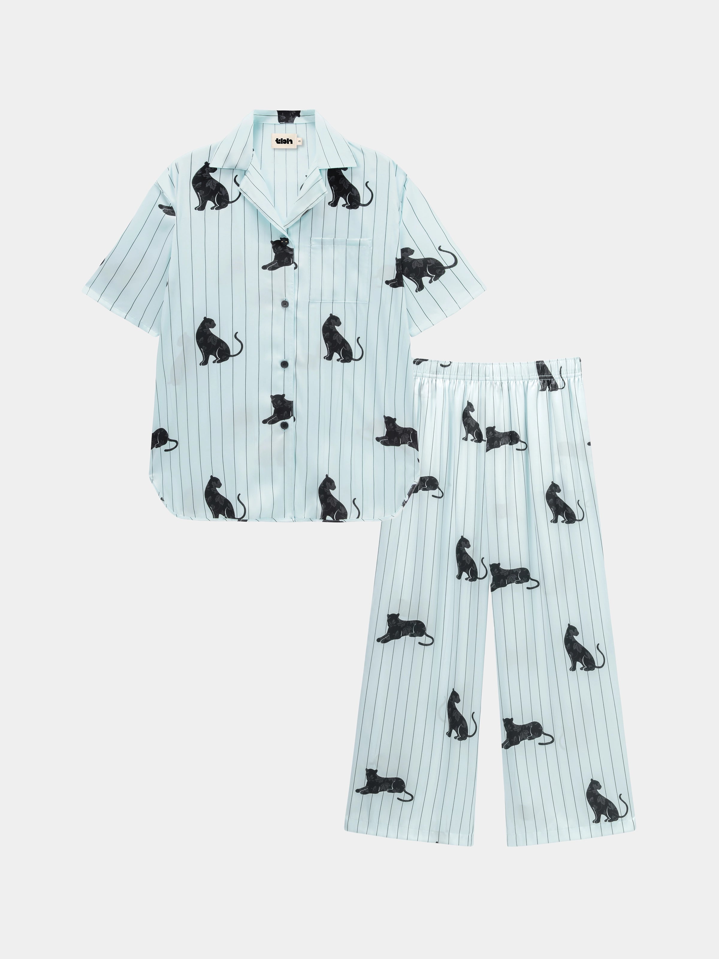"Urban Jungle" Black Panther Satin Loungewear Set Short Sleeve – Mist Blue