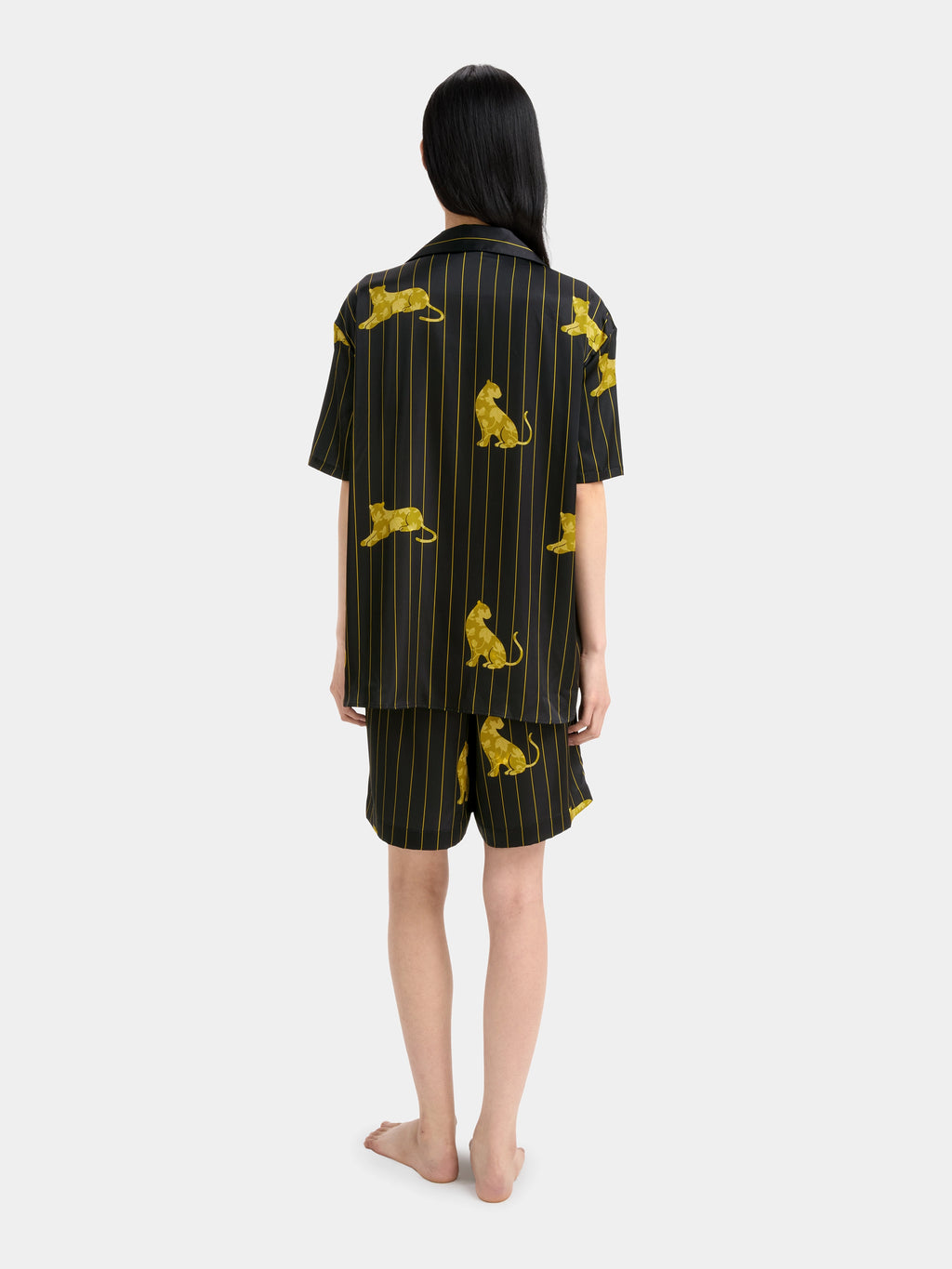 "Urban Jungle" Black Panther Satin Loungewear Set Short Sleeve & Shorts – Dark Gold