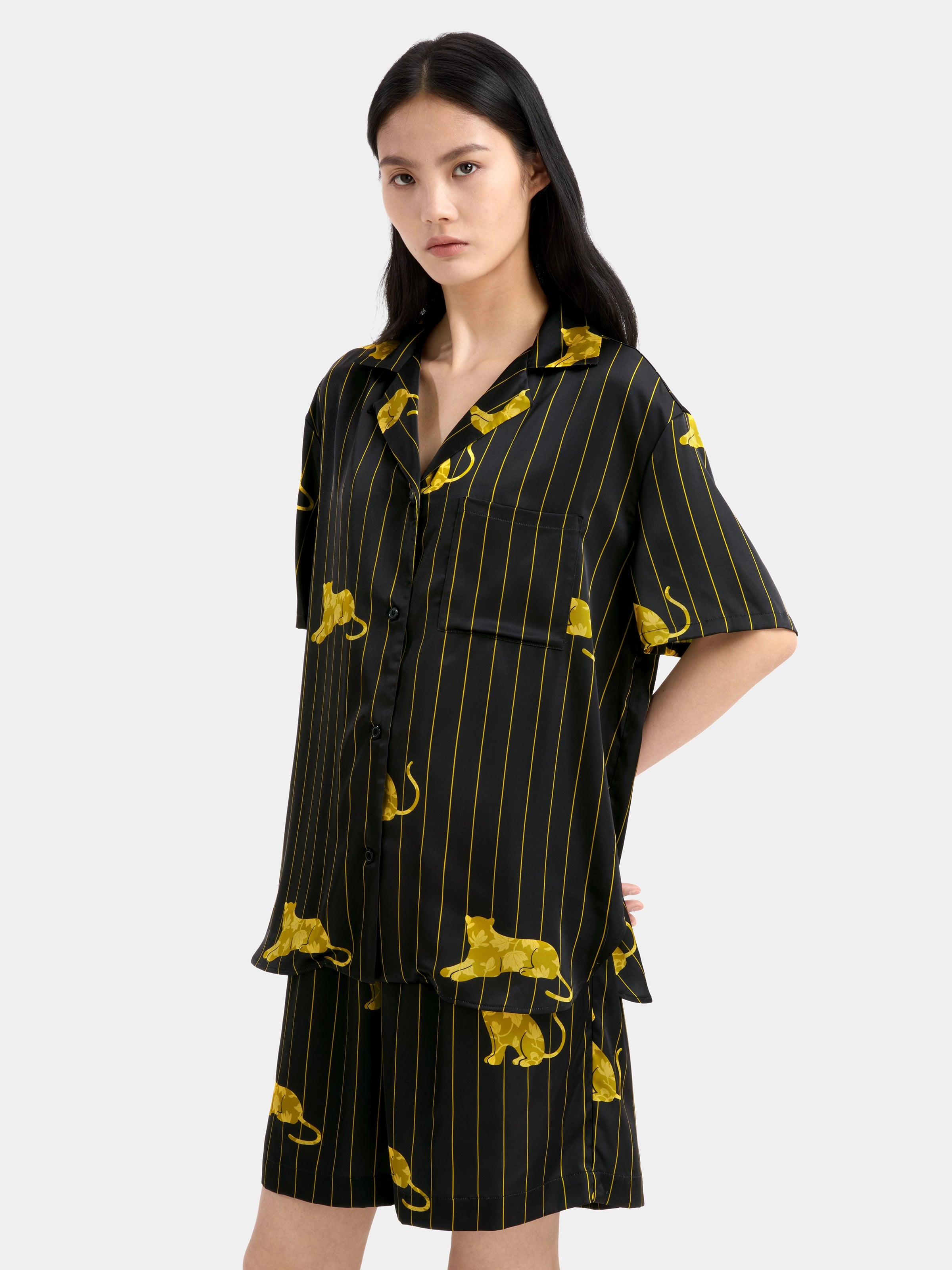 "Urban Jungle" Black Panther Satin Loungewear Set Short Sleeve & Shorts – Dark Gold
