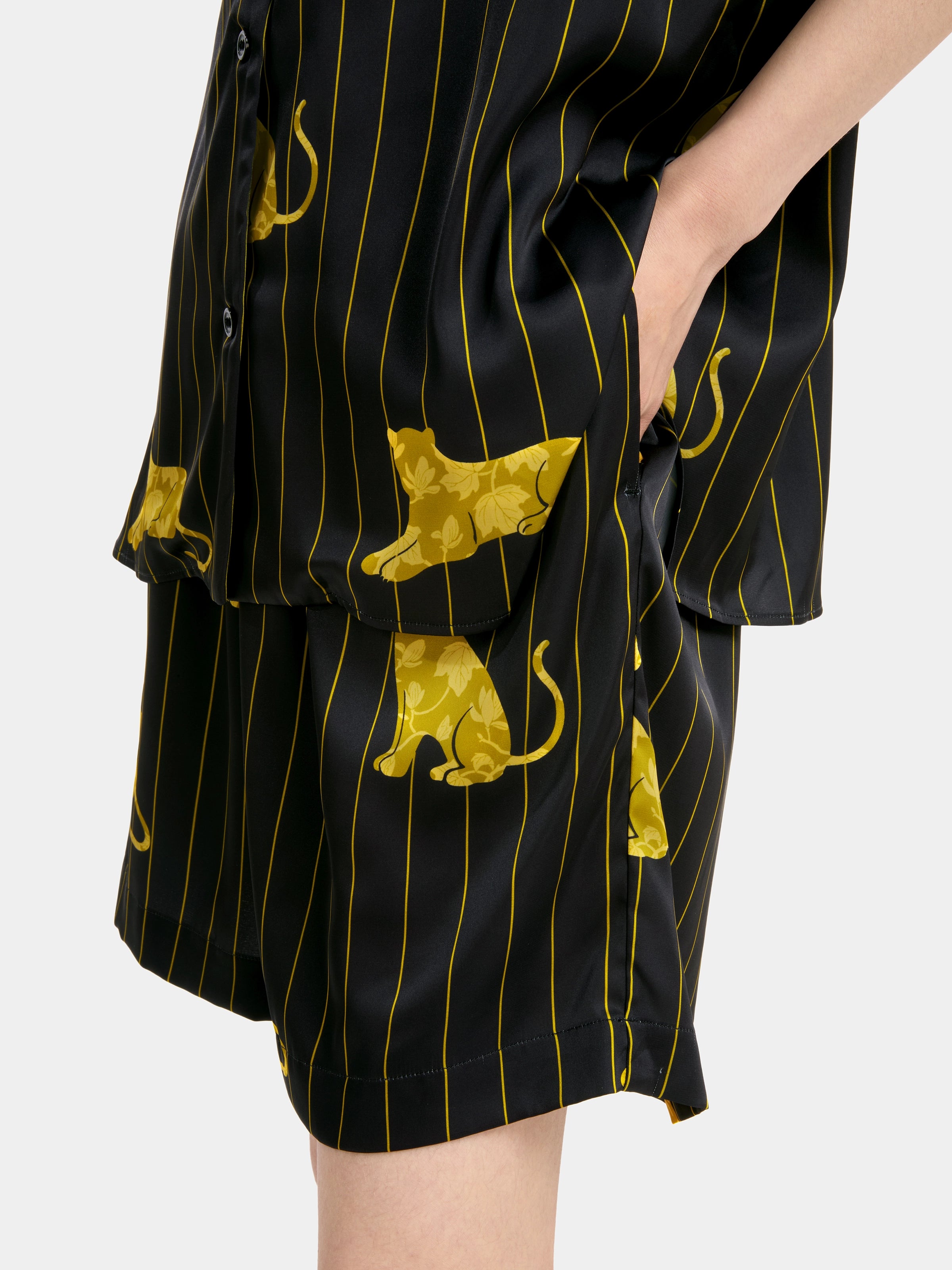 "Urban Jungle" Black Panther Satin Loungewear Set Short Sleeve & Shorts – Dark Gold