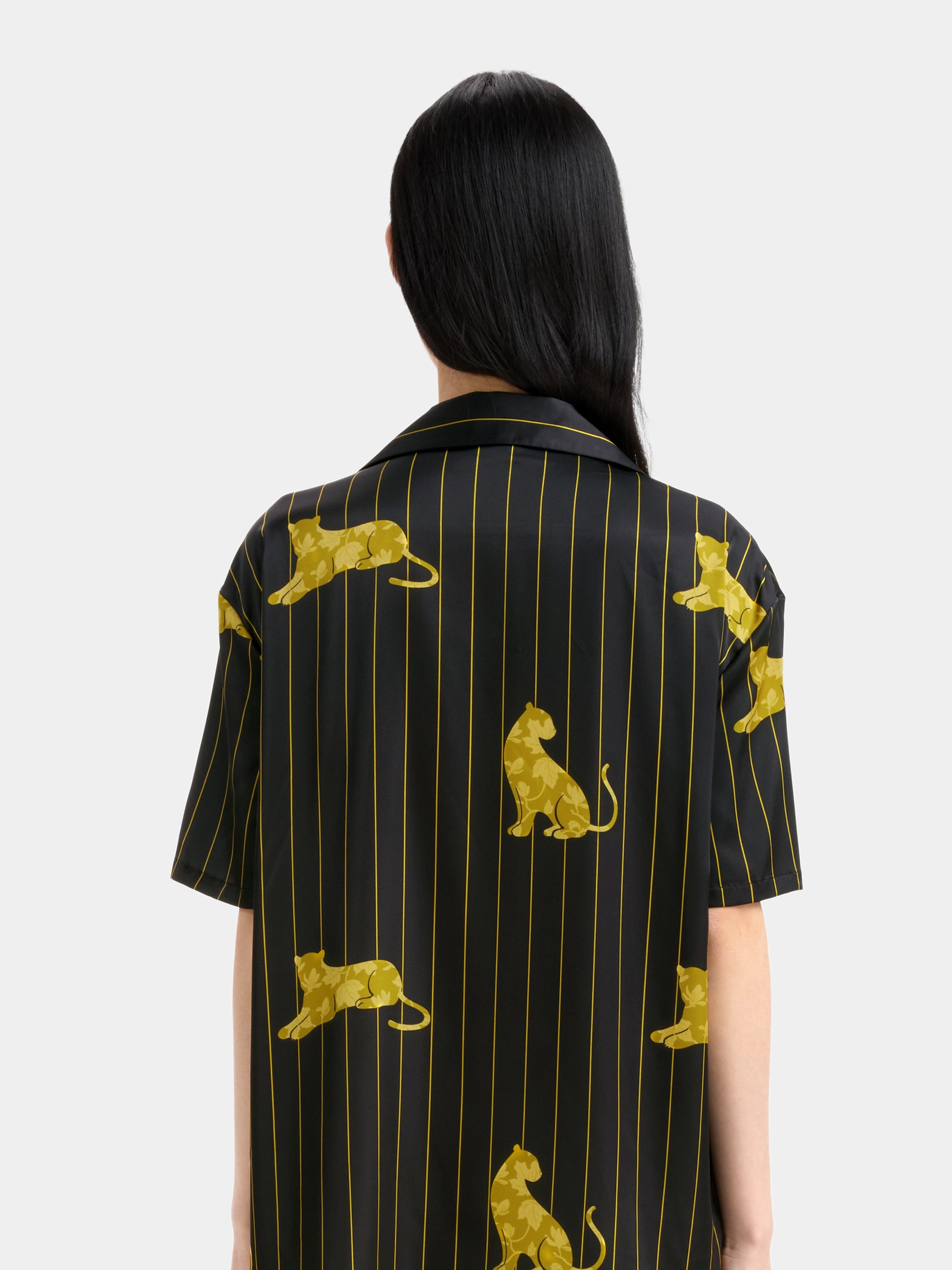 "Urban Jungle" Black Panther Satin Loungewear Set Short Sleeve & Shorts – Dark Gold