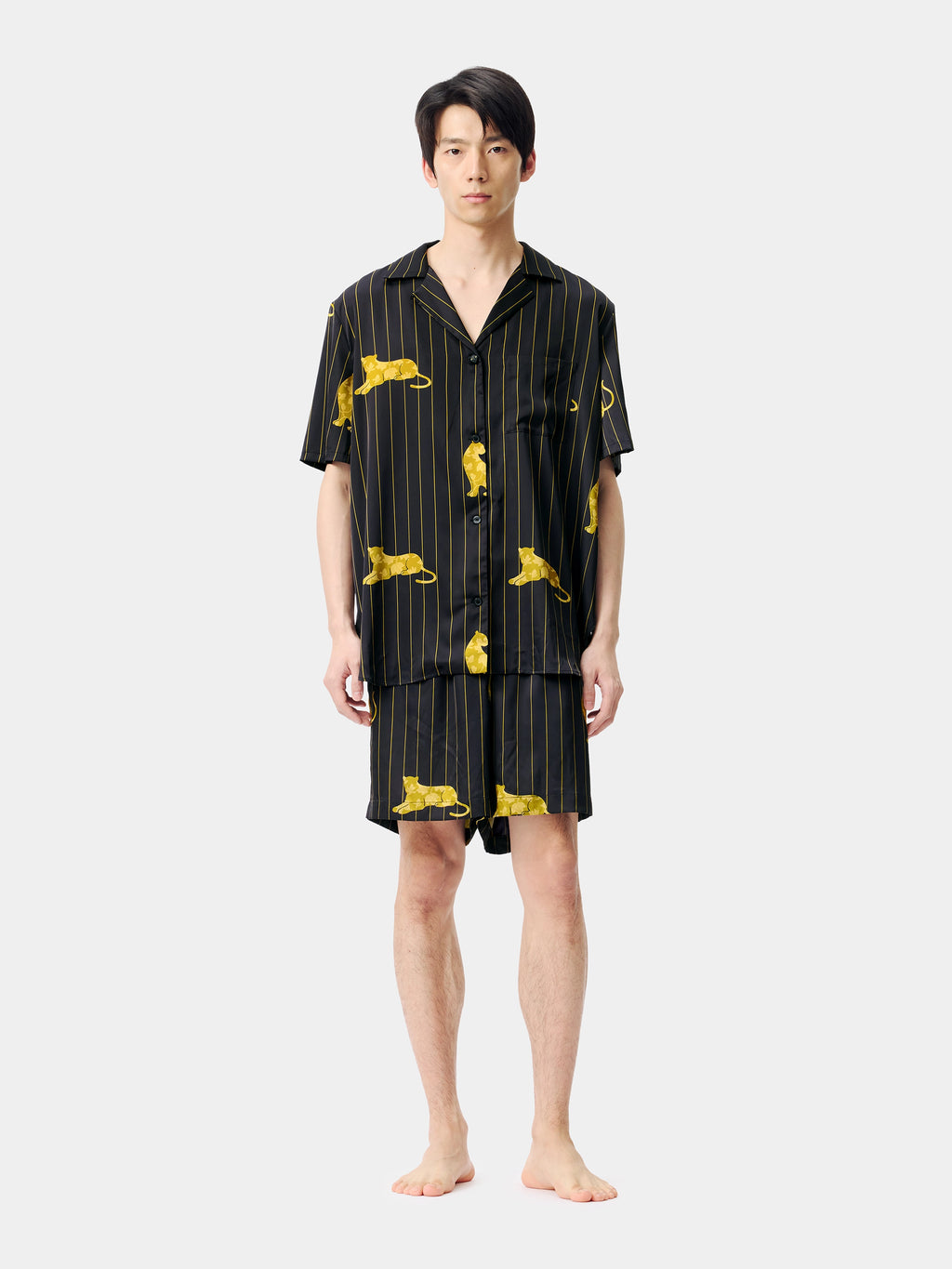"Urban Jungle" Black Panther Satin Loungewear Set Short Sleeve & Shorts – Dark Gold