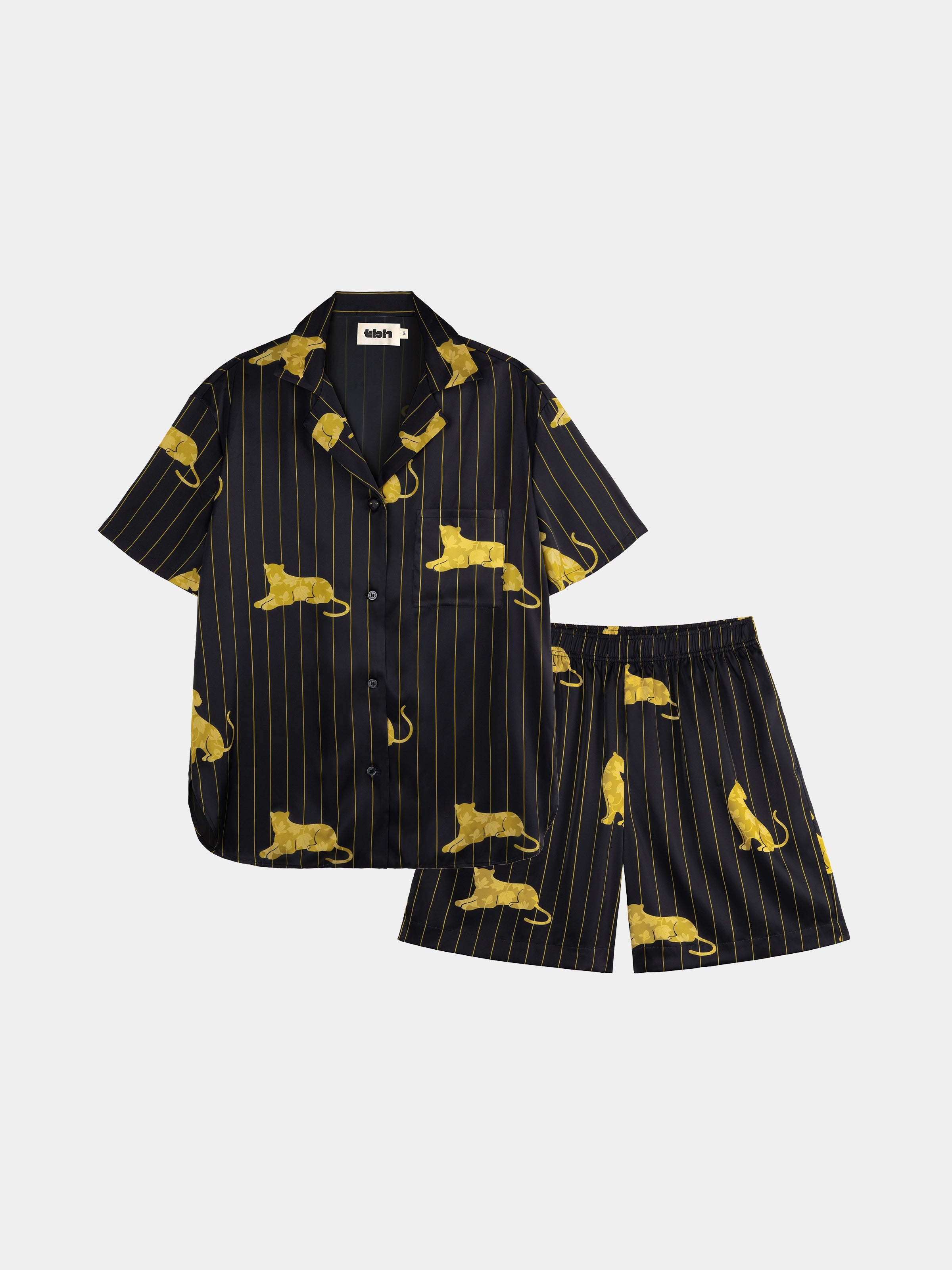 "Urban Jungle" Black Panther Satin Loungewear Set Short Sleeve & Shorts – Dark Gold