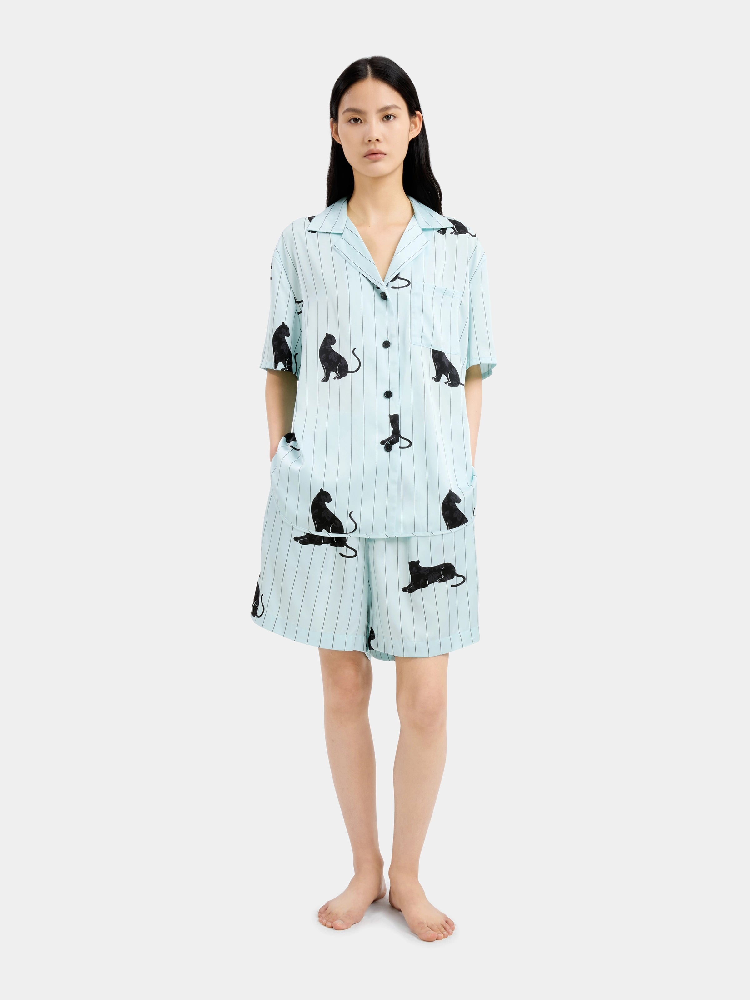 "Urban Jungle" Black Panther Satin Loungewear Set Short Sleeve & Shorts – Mist Blue