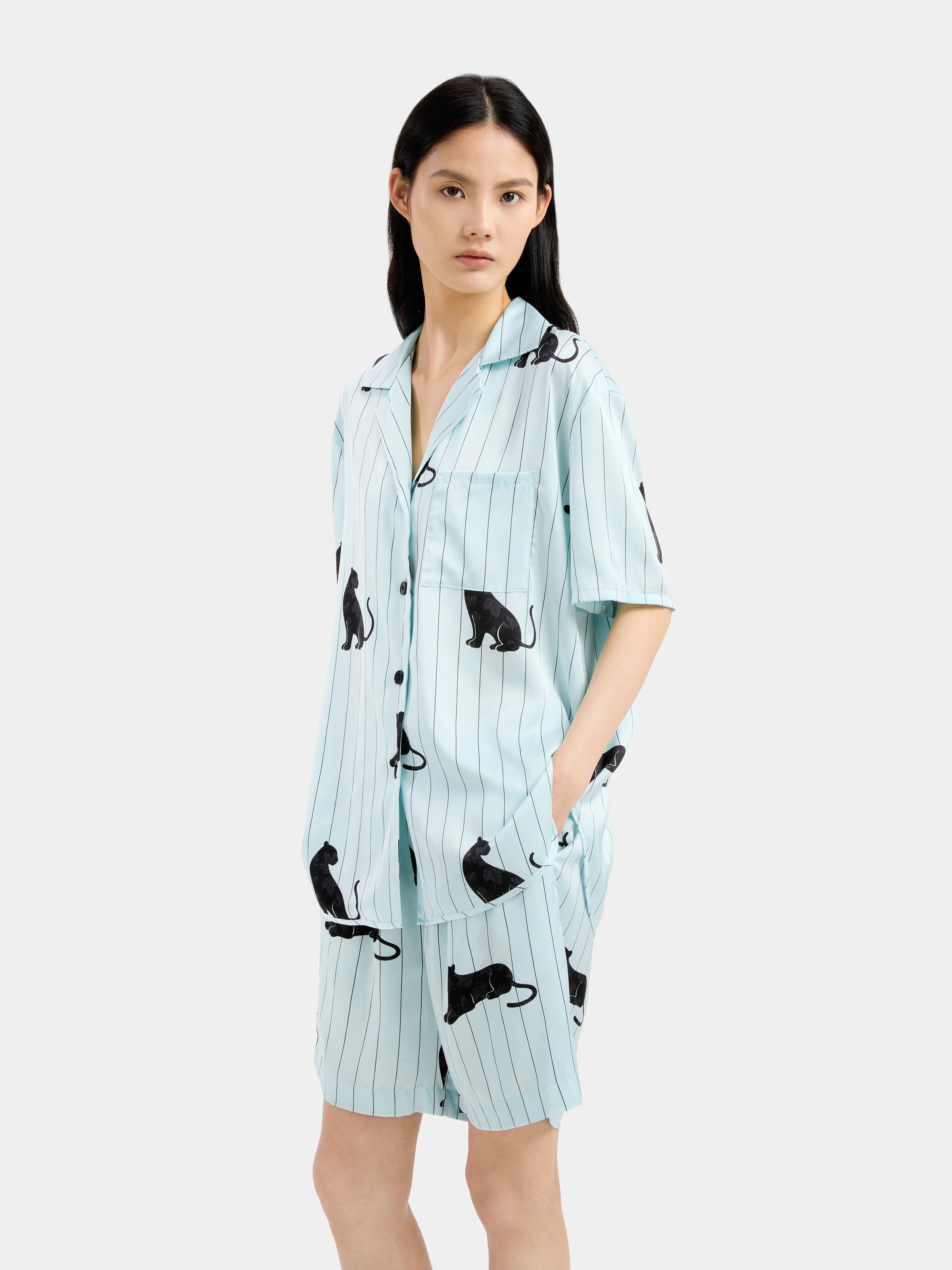 "Urban Jungle" Black Panther Satin Loungewear Set Short Sleeve & Shorts – Mist Blue