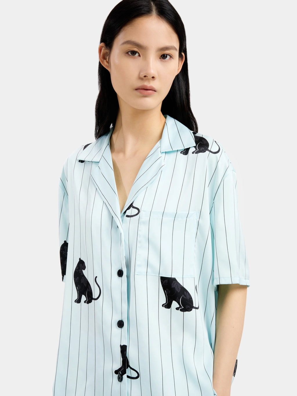 "Urban Jungle" Black Panther Satin Loungewear Set Short Sleeve & Shorts – Mist Blue