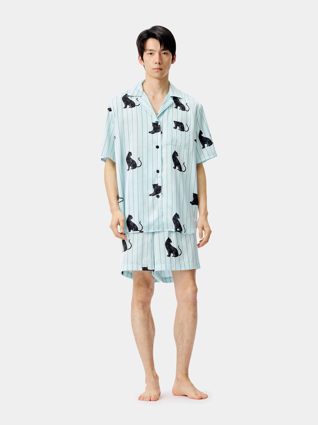 "Urban Jungle" Black Panther Satin Loungewear Set Short Sleeve & Shorts – Mist Blue