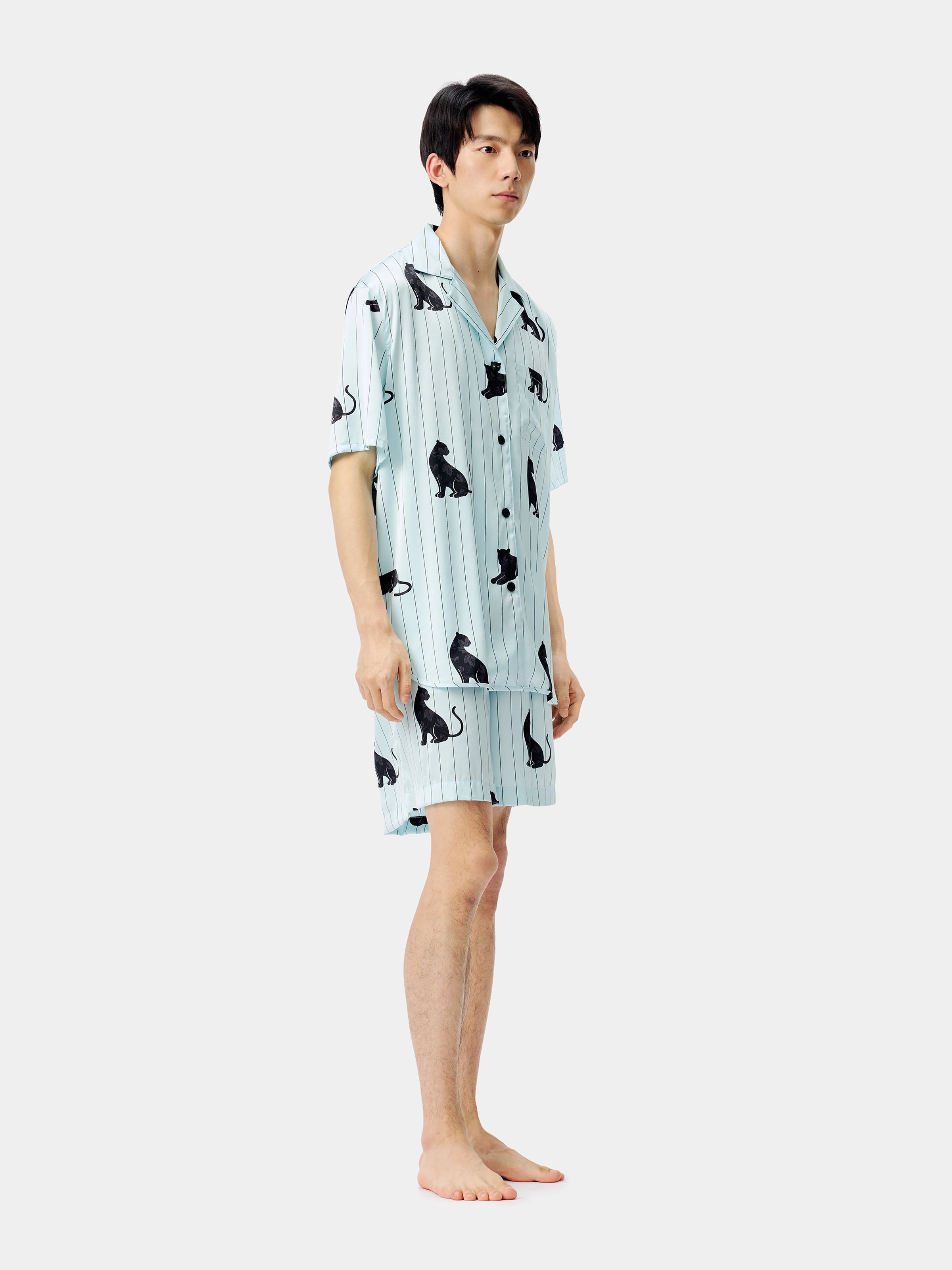 "Urban Jungle" Black Panther Satin Loungewear Set Short Sleeve & Shorts – Mist Blue
