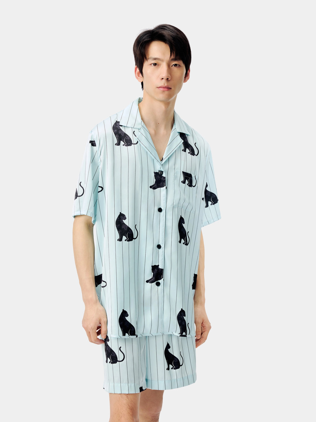 "Urban Jungle" Black Panther Satin Loungewear Set Short Sleeve & Shorts – Mist Blue