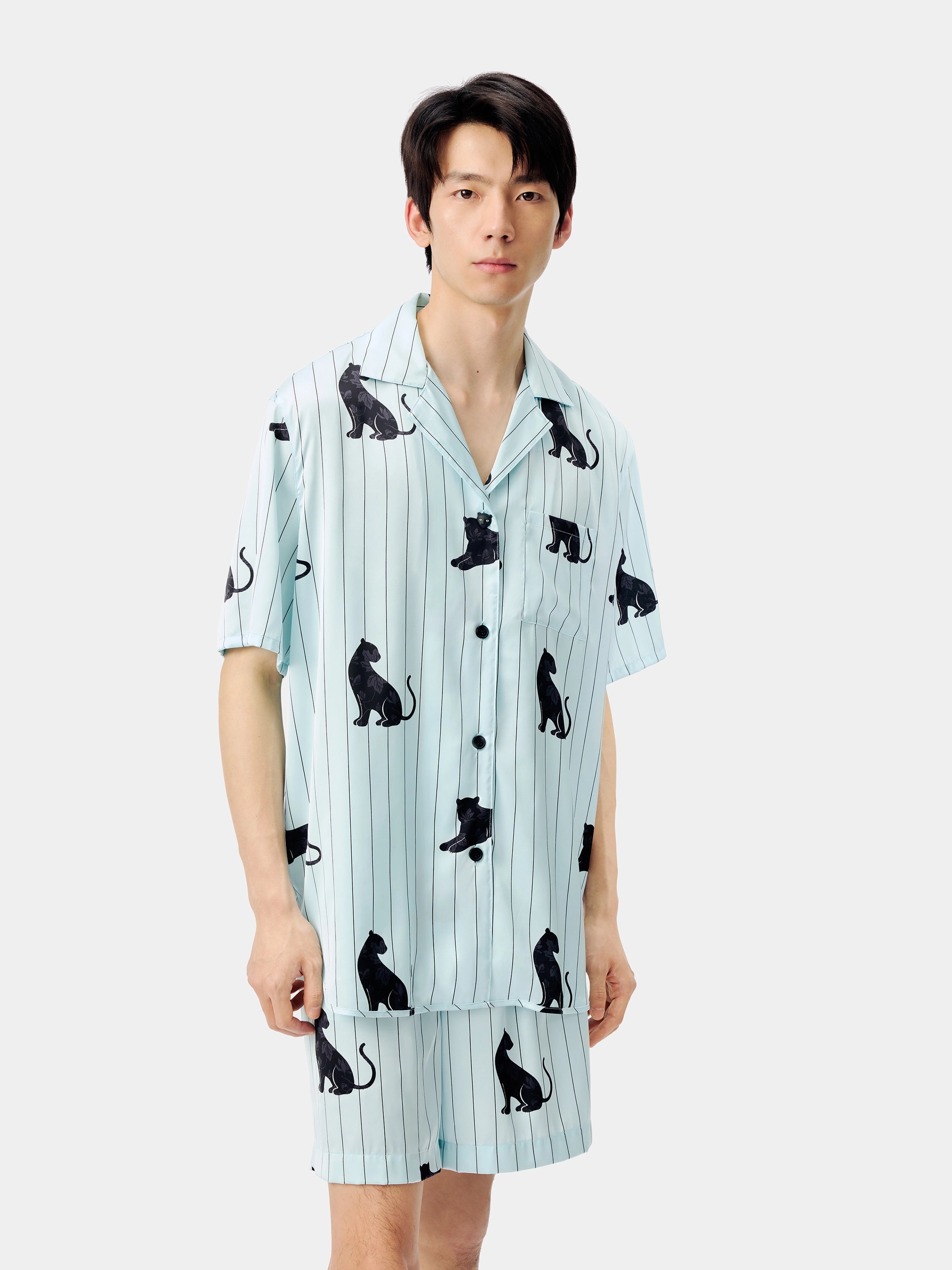"Urban Jungle" Black Panther Satin Loungewear Set Short Sleeve & Shorts – Mist Blue