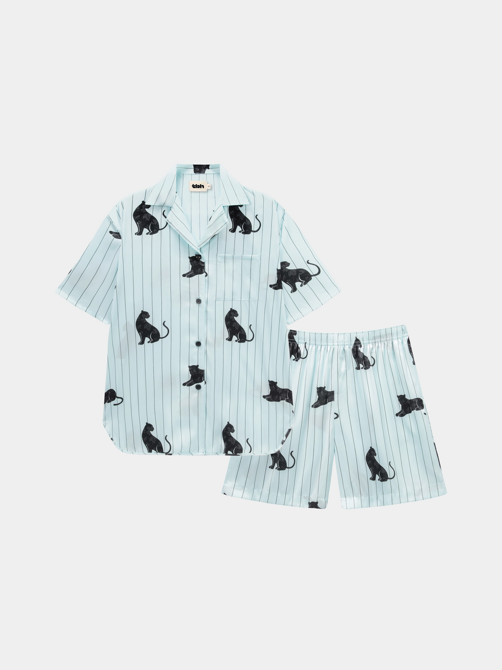 "Urban Jungle" Black Panther Satin Loungewear Set Short Sleeve & Shorts – Mist Blue