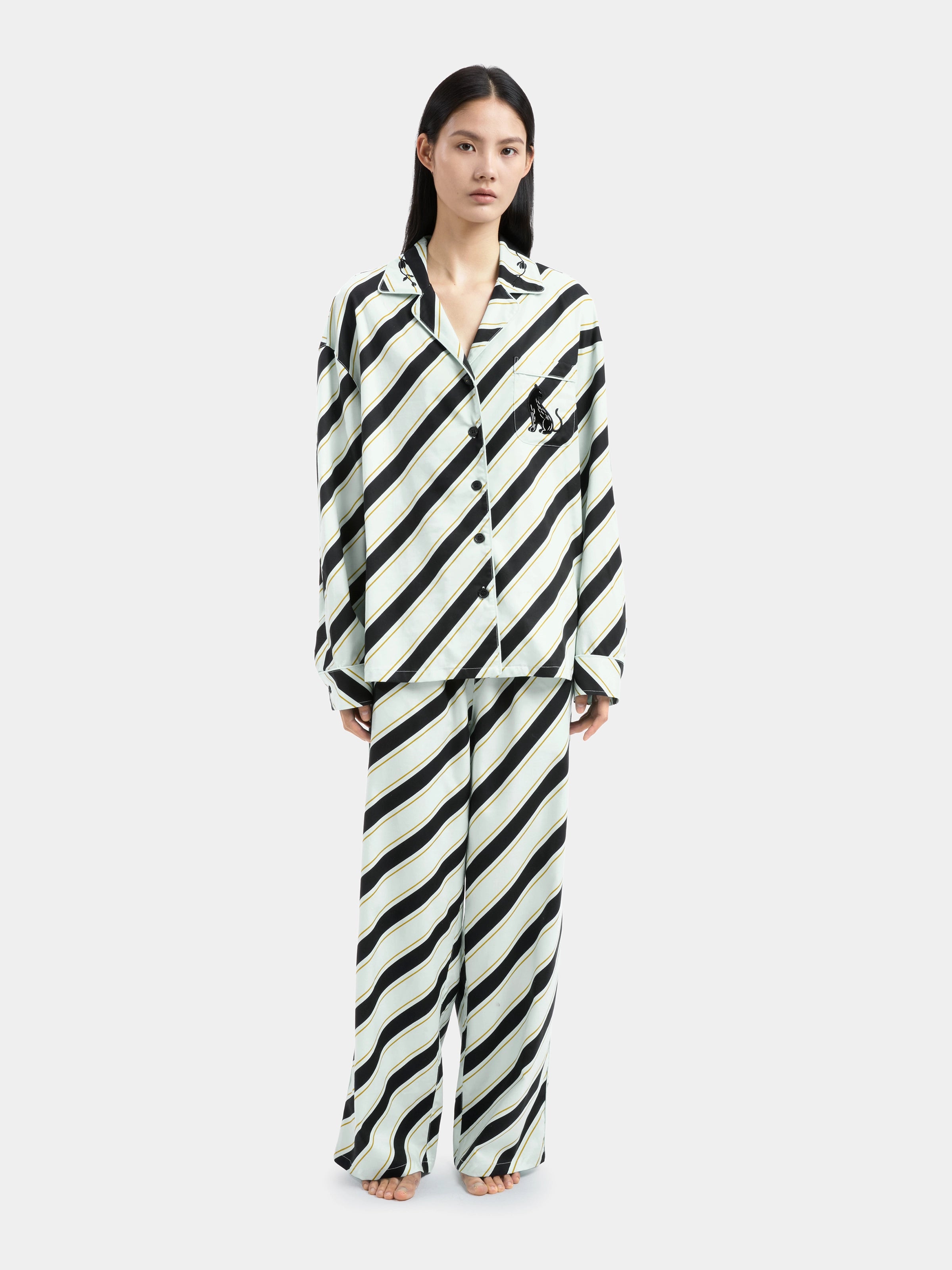 "Urban Jungle" Black Panther Tencel Cotton Blend Loungewear Set Long Sleeve – Blue & Black Stripes