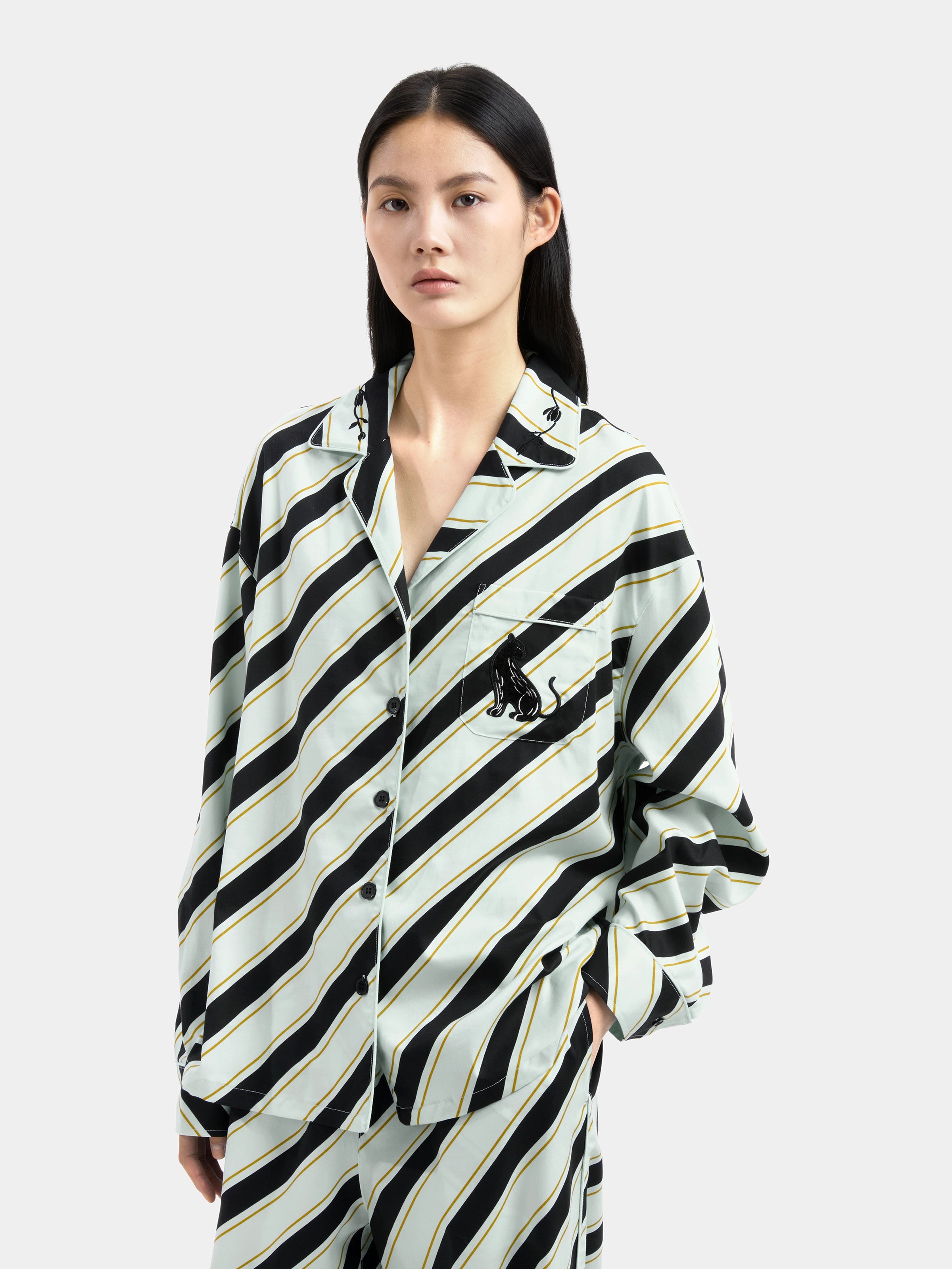 "Urban Jungle" Black Panther Tencel Cotton Blend Loungewear Set Long Sleeve – Blue & Black Stripes