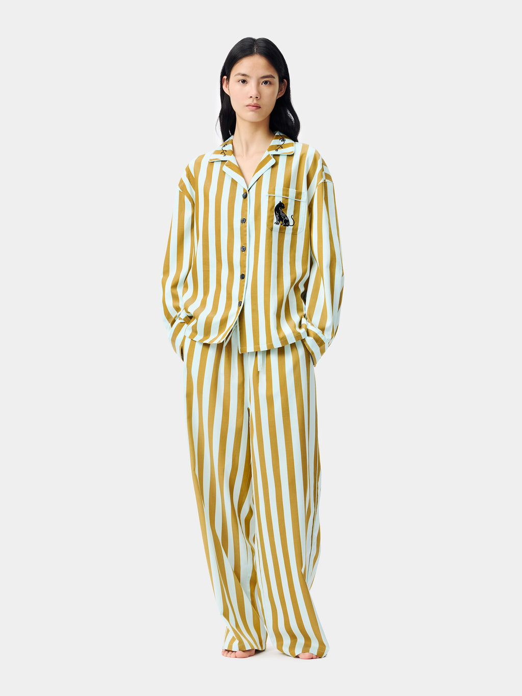 "Urban Jungle" Black Panther Tencel Cotton Blend Loungewear Set Long Sleeve – Blue & Green Stripes