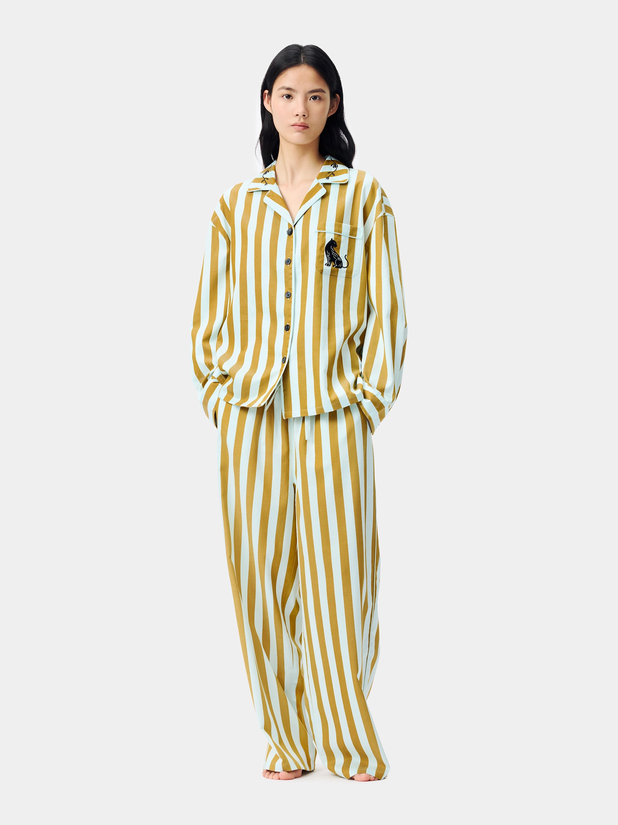 "Urban Jungle" Black Panther Tencel Cotton Blend Loungewear Set Long Sleeve – Blue & Green Stripes