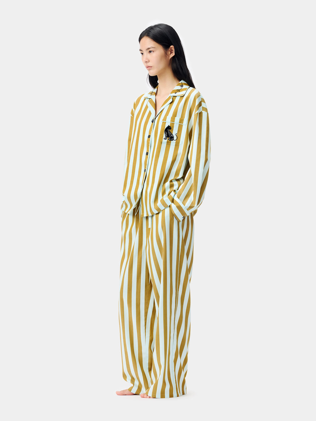 "Urban Jungle" Black Panther Tencel Cotton Blend Loungewear Set Long Sleeve – Blue & Green Stripes