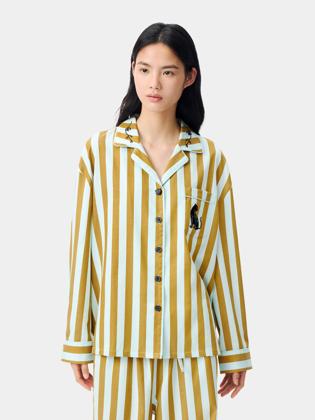 "Urban Jungle" Black Panther Tencel Cotton Blend Loungewear Set Long Sleeve – Blue & Green Stripes