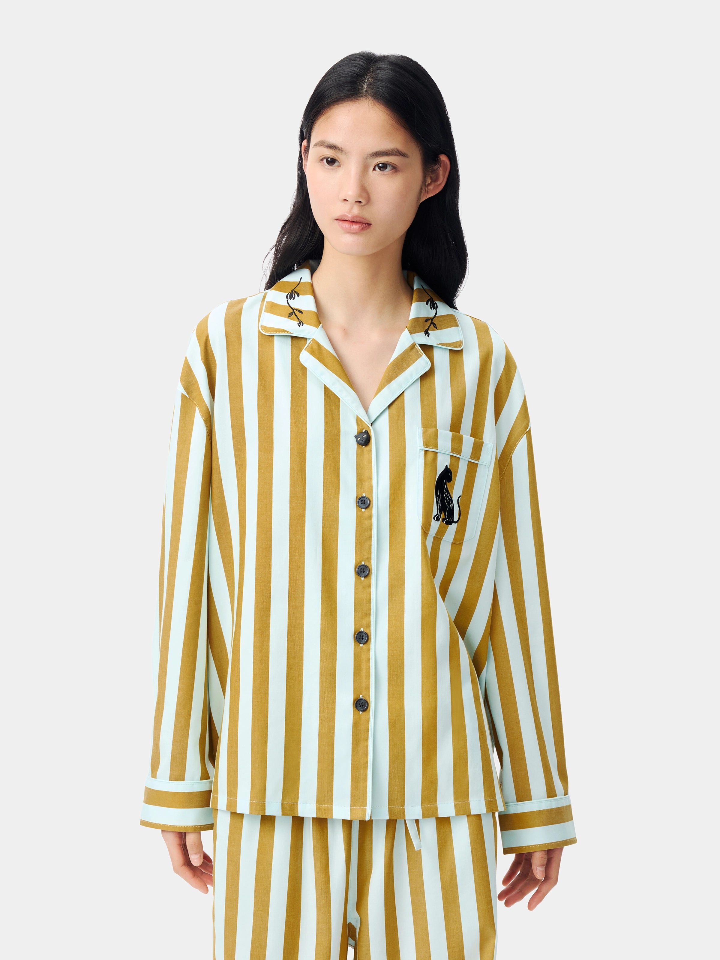 "Urban Jungle" Black Panther Tencel Cotton Blend Loungewear Set Long Sleeve – Blue & Green Stripes